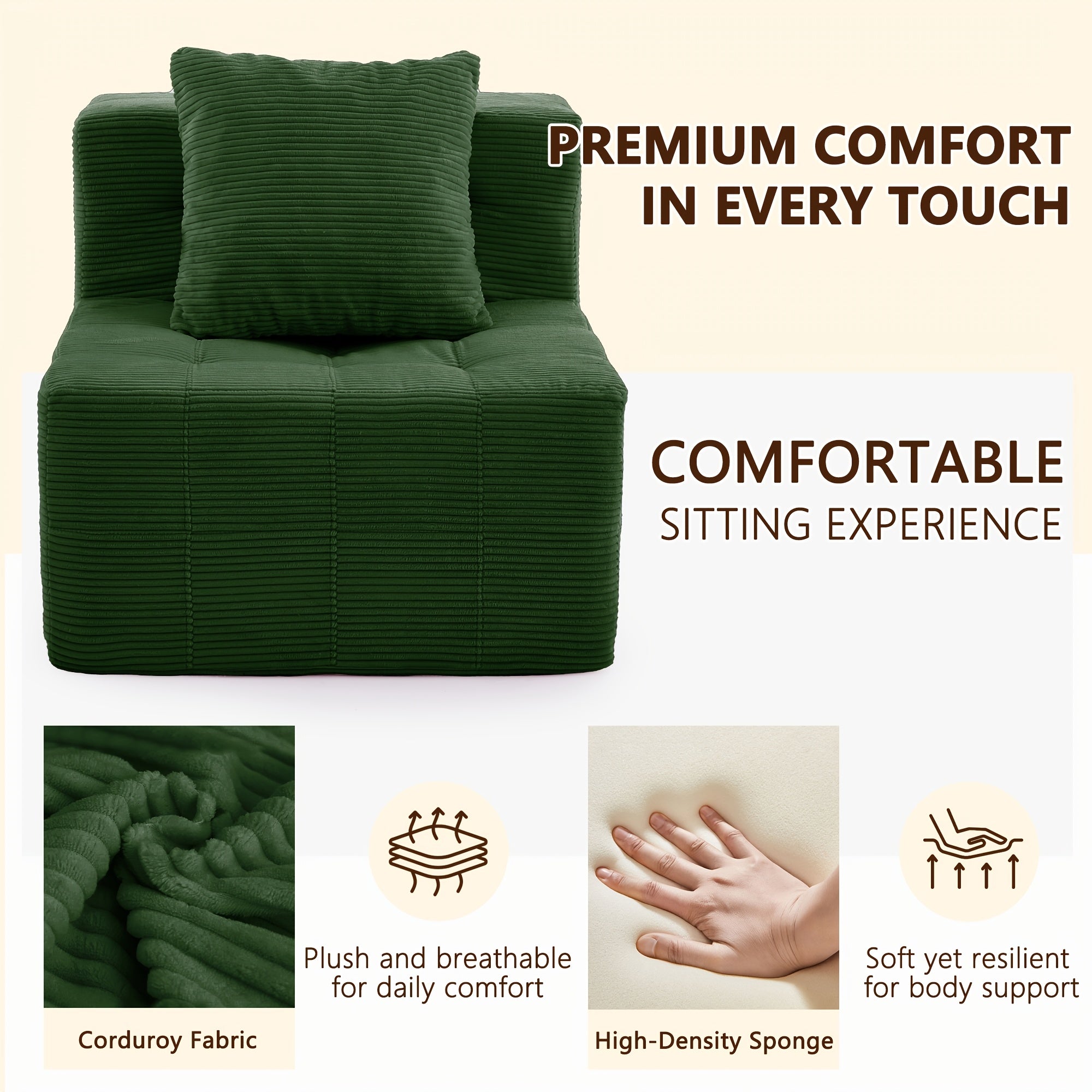 Modern Single Sofa With Footstool | 16-Inch Thick Corduroy Cushion, Armless Platform, Minimalist Beanbag Chair, Floor-Standing, Suitable For Small Spaces, Christmas Gift - Green, Non-Adjustable, Sponge Fill