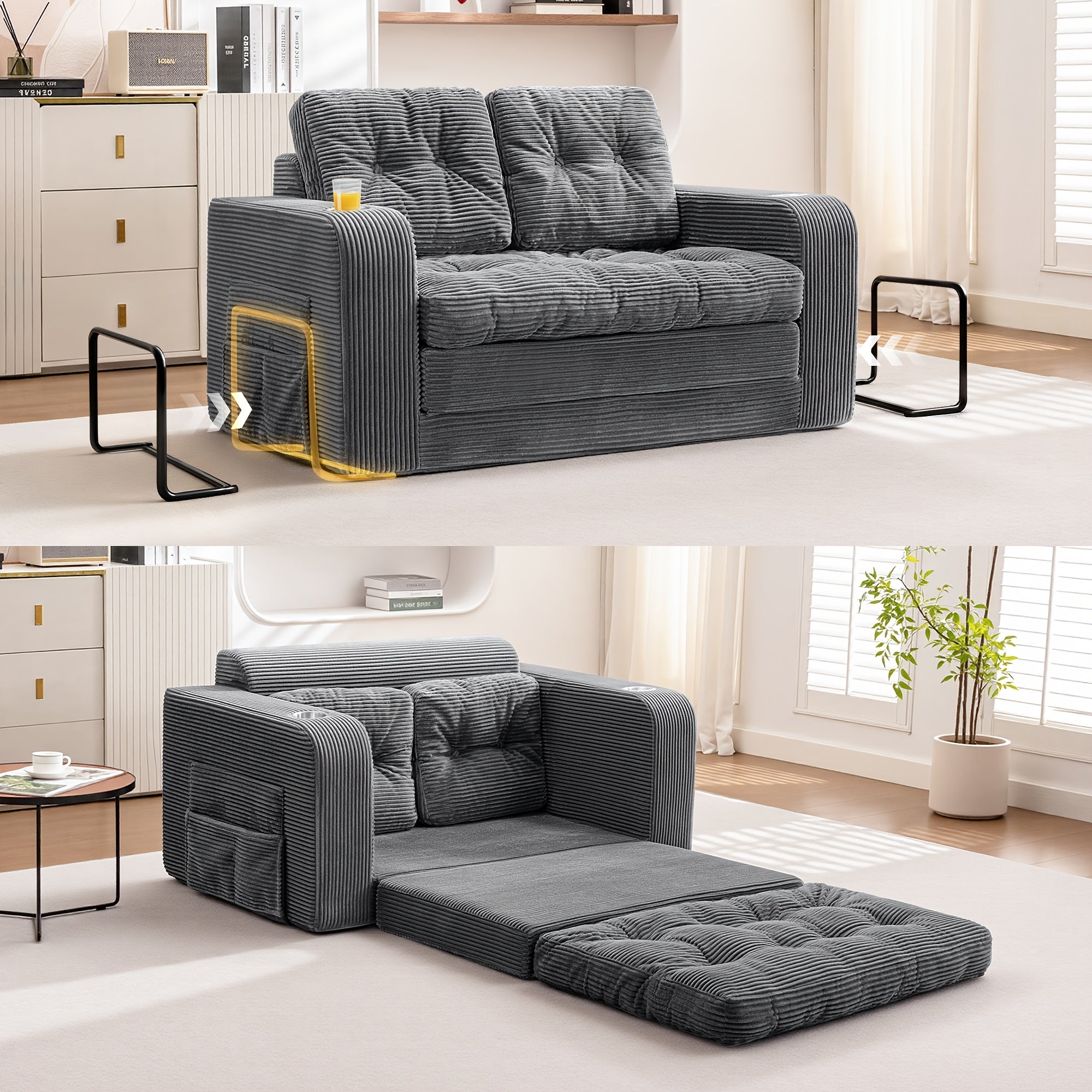 KERDOM 2 in 1 Corduroy Convertible Sofa Bed | Compact Pull Out Couch with Cup Holder & Side Pocket, Small Folding Futon Loveseat Sofa Sleeper Temporary Bed for Guest Room, Small Space, Apartment, Studio, Office, Loft, No Assembly Needed