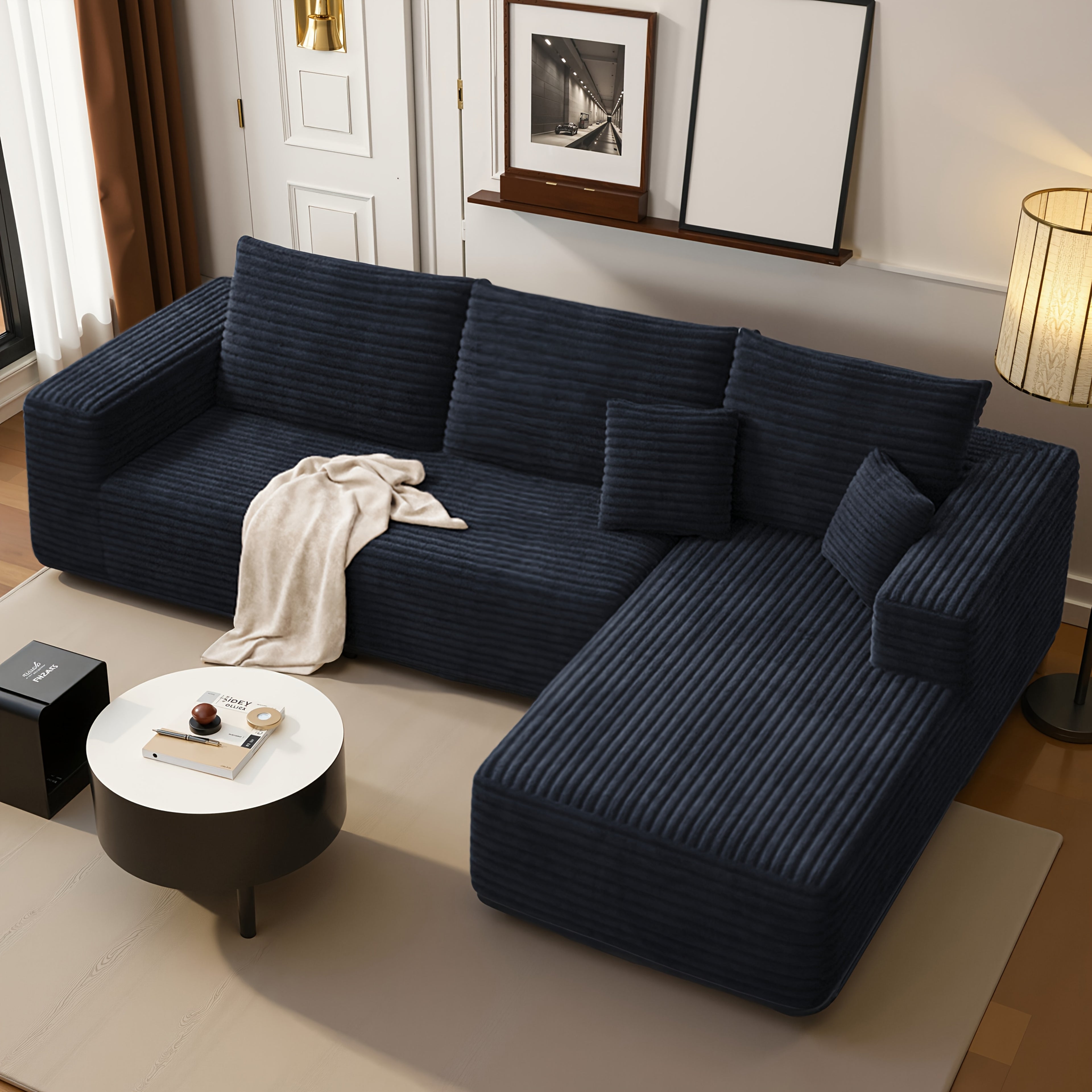 LIAROO Oversized L Shaped Couch With Chaise, Minimalist Compressed Boneless Couch No Assembly Required, Modular Cloud Sectional Sofa For Living Room Bedroom, Right Facing Chaise, Plush Corduroy