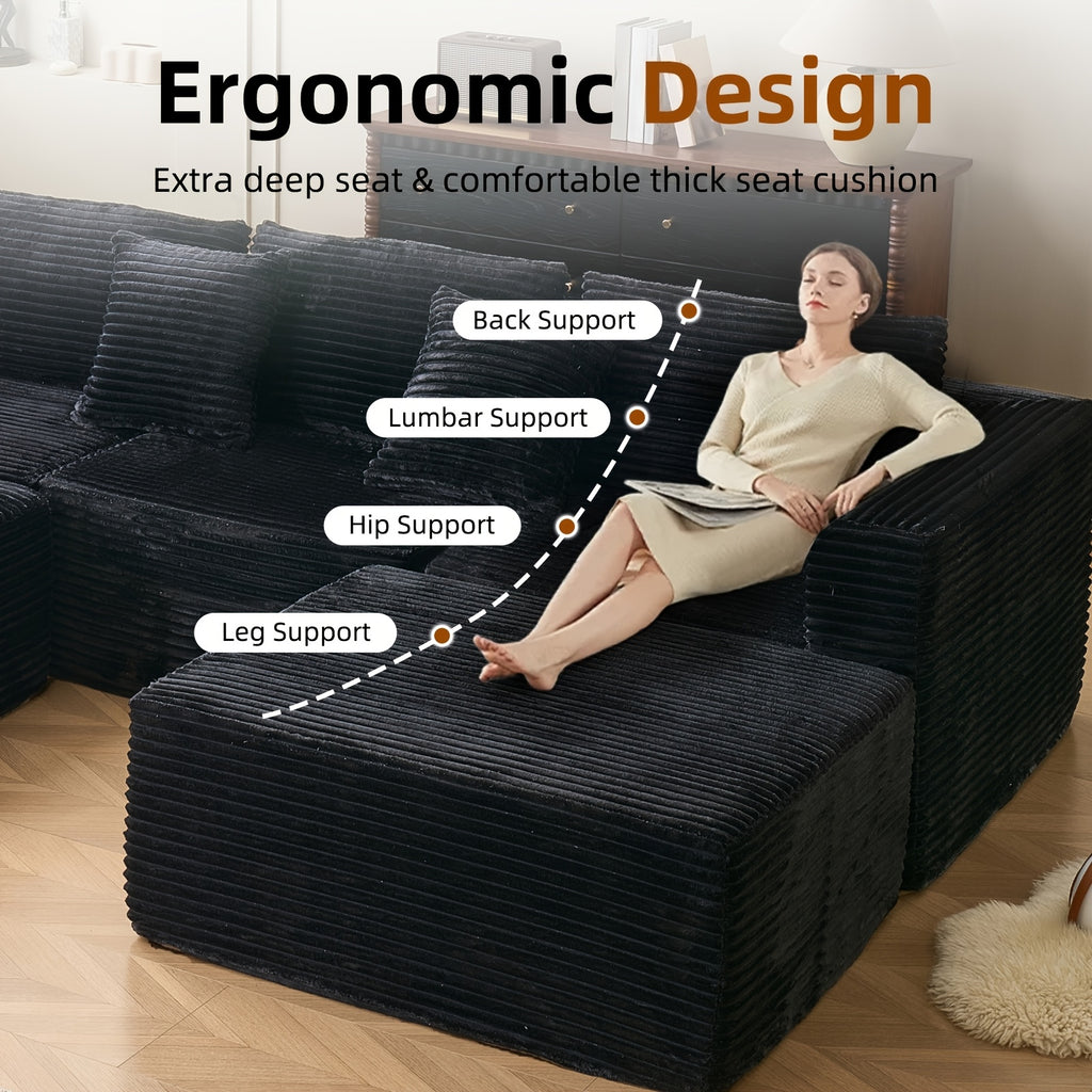 Modular U-Shaped Sofa Modular U-Shaped 110.24-inch Combination Sofa | Striped Fabric Four-Seater with Lounge Chair, Soft Cushion for Living Room & Bedroom - Corduroy, Free-Combination (Black\u002FGray)