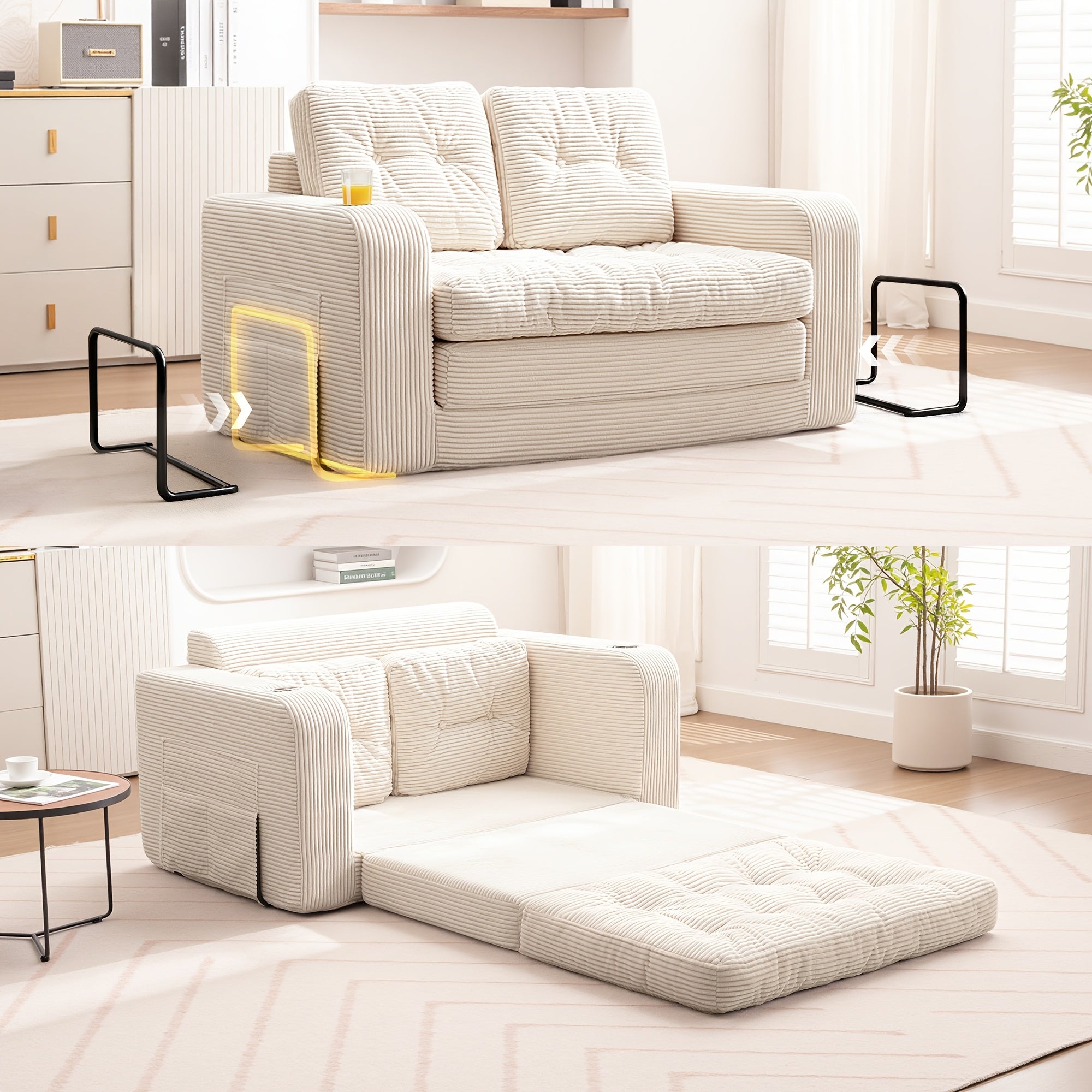 KERDOM 2 in 1 Corduroy Convertible Sofa Bed | Compact Pull Out Couch with Cup Holder & Side Pocket, Small Folding Futon Loveseat Sofa Sleeper Temporary Bed for Guest Room, Small Space, Apartment, Studio, Office, Loft, No Assembly Needed