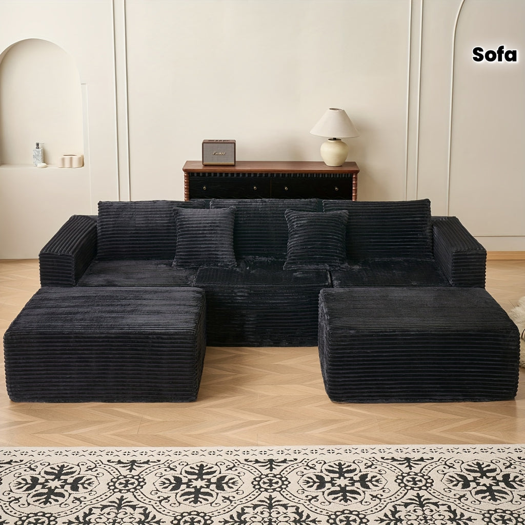 Modular U-Shaped Sofa Modular U-Shaped 110.24-inch Combination Sofa | Striped Fabric Four-Seater with Lounge Chair, Soft Cushion for Living Room & Bedroom - Corduroy, Free-Combination (Black\u002FGray)