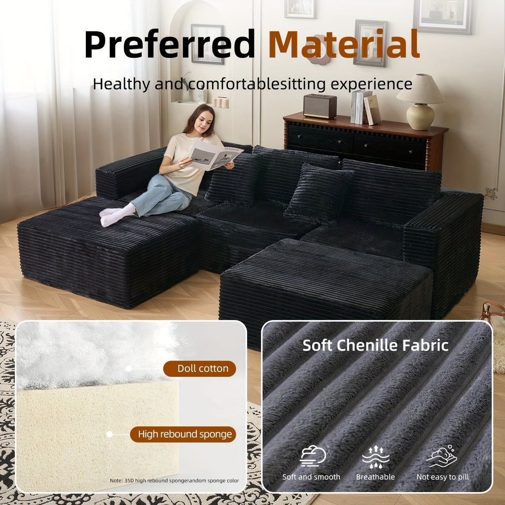 Modular U-Shaped Sofa Modular U-Shaped 110.24-inch Combination Sofa | Striped Fabric Four-Seater with Lounge Chair, Soft Cushion for Living Room & Bedroom - Corduroy, Free-Combination (Black\u002FGray)
