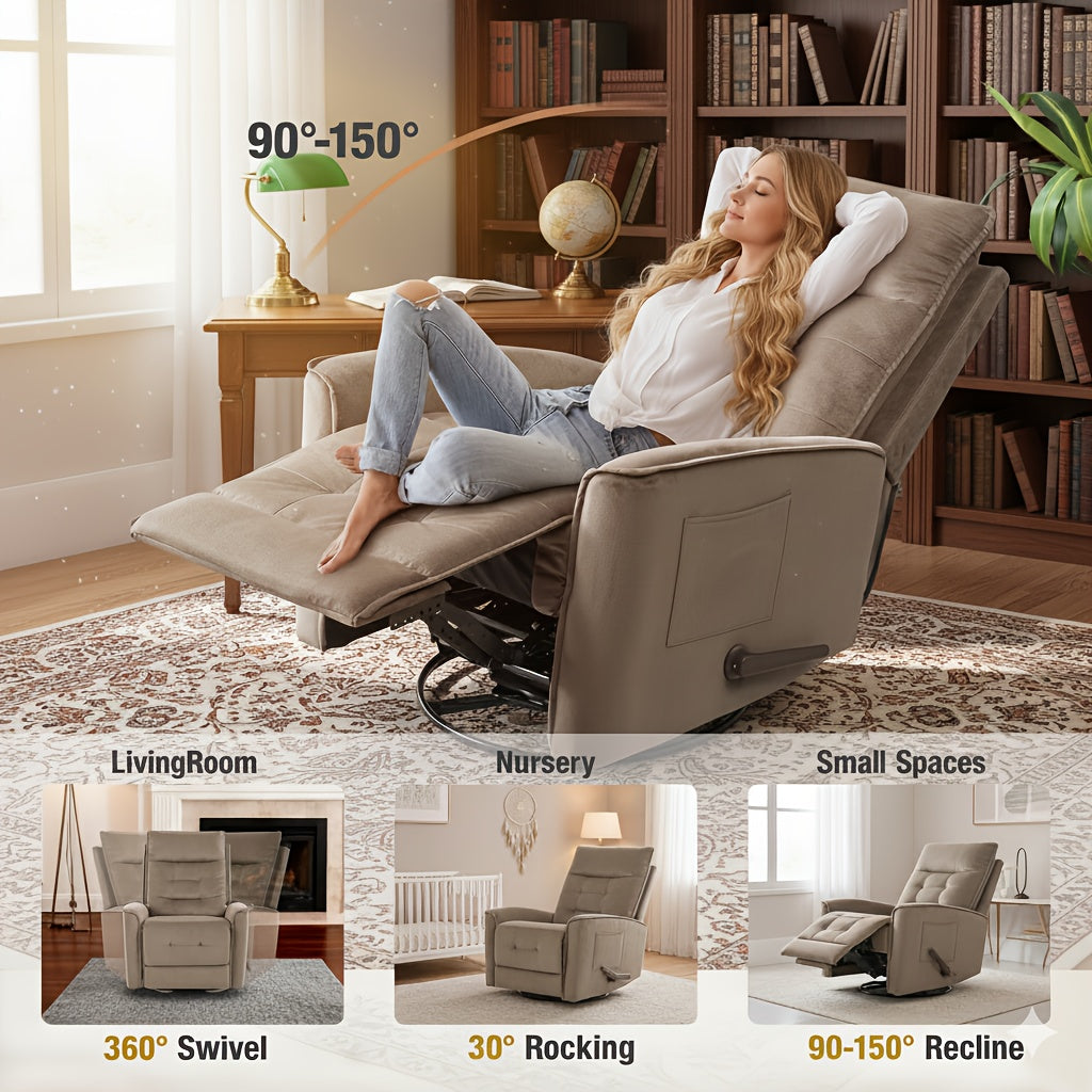 Manual Swivel Rocker Recliner Chair With Soft Velvet Upholstery, 360° Swivel And Gentle Rocking Motion, Adjustable Reclining Single Sofa For Living Room, Bedroom Space-Saving Comfort ChairThoughtful Housewarming Gift For Friends And New Homes