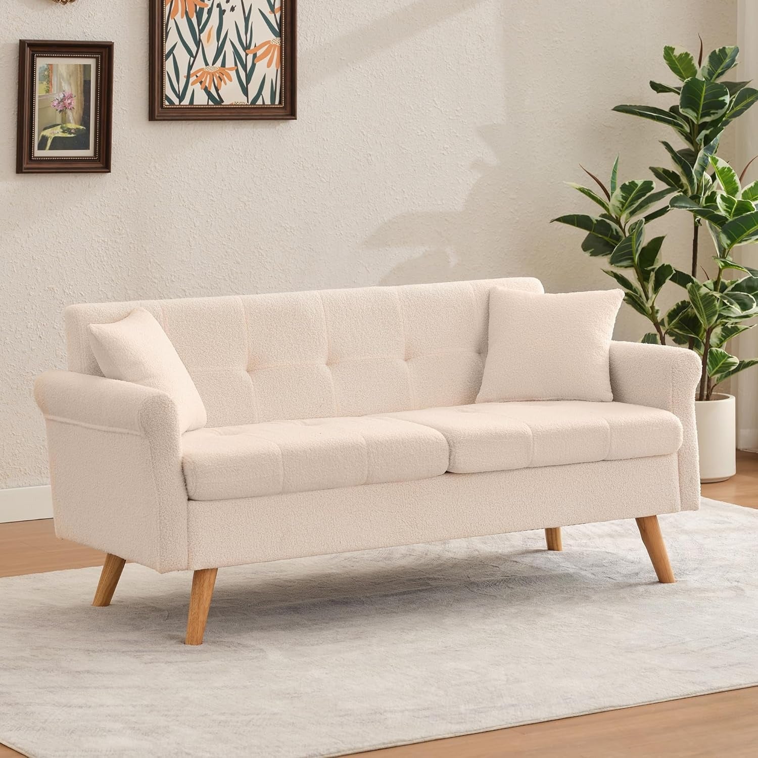 Loveseat Sofa, Boucle Small Sofa For Living Room, Bedroom, Office, Couch For Living Room Button Tufted Upholstered Furniture, Space-Saving, Easy To Install, Chunky Boucle Fabric