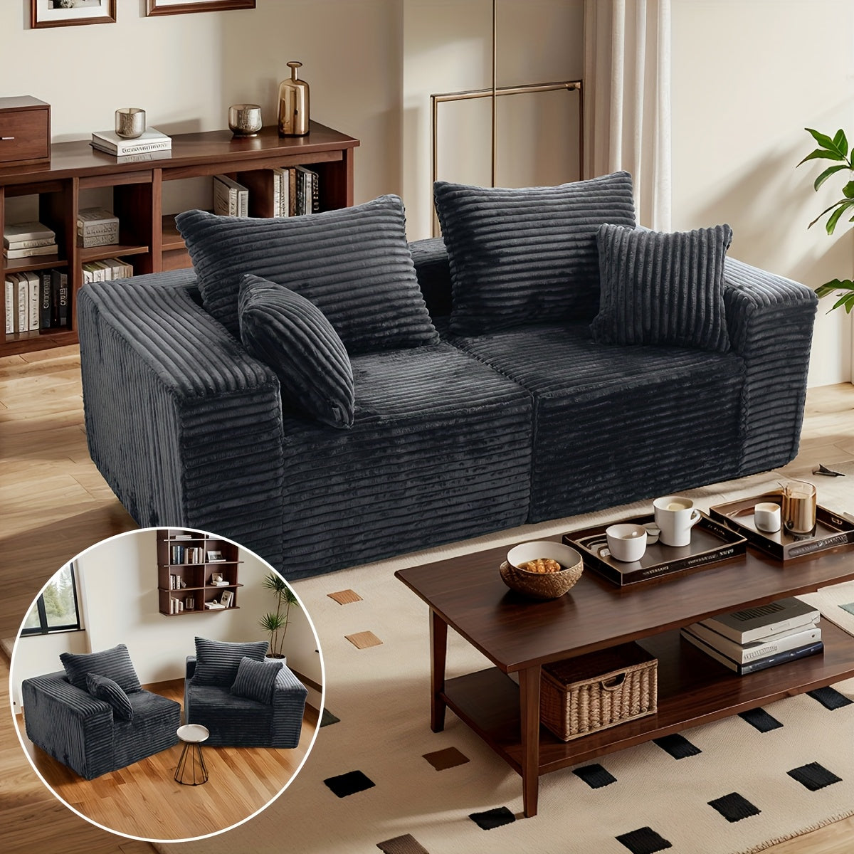 Sofa Cloud Couch 2pcs Set: Ultra Soft Stretchy Ribbed Loveseat That Separates Into Two Individual Chairs for Flexible Living Room, Bedroom, Or Apartment Seating