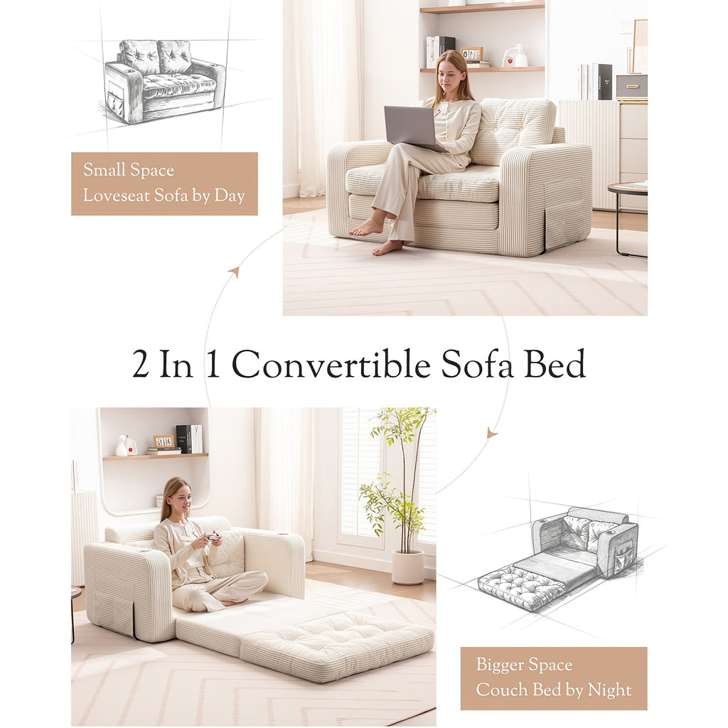 KERDOM 2 in 1 Corduroy Convertible Sofa Bed | Compact Pull Out Couch with Cup Holder & Side Pocket, Small Folding Futon Loveseat Sofa Sleeper Temporary Bed for Guest Room, Small Space, Apartment, Studio, Office, Loft, No Assembly Needed