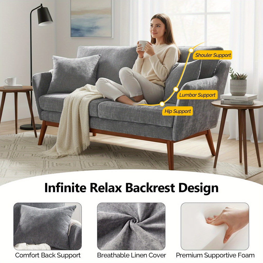 Bonnlo 2-Seater Love Seat Sofa with Solid Wood Frame & Linen Upholstery - Mid-Century Modern Minimalist Design, 2 Cushioned Seats & 2 Pillows