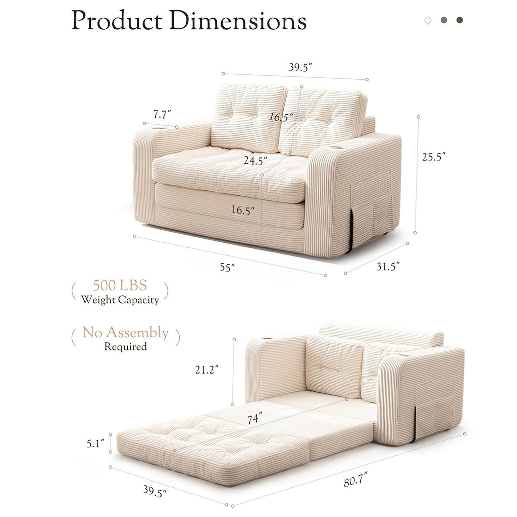 KERDOM 2 in 1 Corduroy Convertible Sofa Bed | Compact Pull Out Couch with Cup Holder & Side Pocket, Small Folding Futon Loveseat Sofa Sleeper Temporary Bed for Guest Room, Small Space, Apartment, Studio, Office, Loft, No Assembly Needed