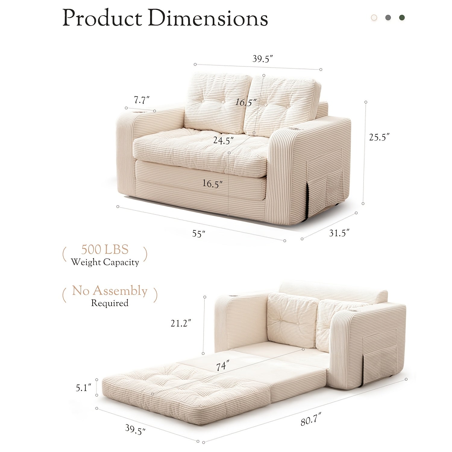 KERDOM 2 in 1 Corduroy Convertible Sofa Bed | Compact Pull Out Couch with Cup Holder & Side Pocket, Small Folding Futon Loveseat Sofa Sleeper Temporary Bed for Guest Room, Small Space, Apartment, Studio, Office, Loft, No Assembly Needed