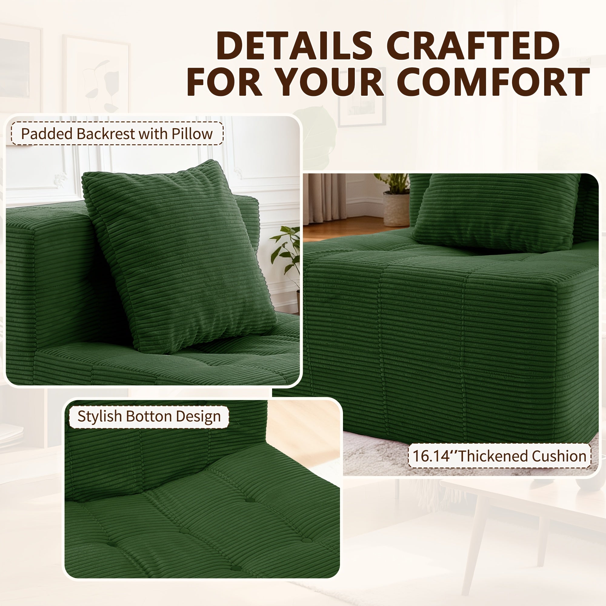 Modern Single Sofa With Footstool | 16-Inch Thick Corduroy Cushion, Armless Platform, Minimalist Beanbag Chair, Floor-Standing, Suitable For Small Spaces, Christmas Gift - Green, Non-Adjustable, Sponge Fill