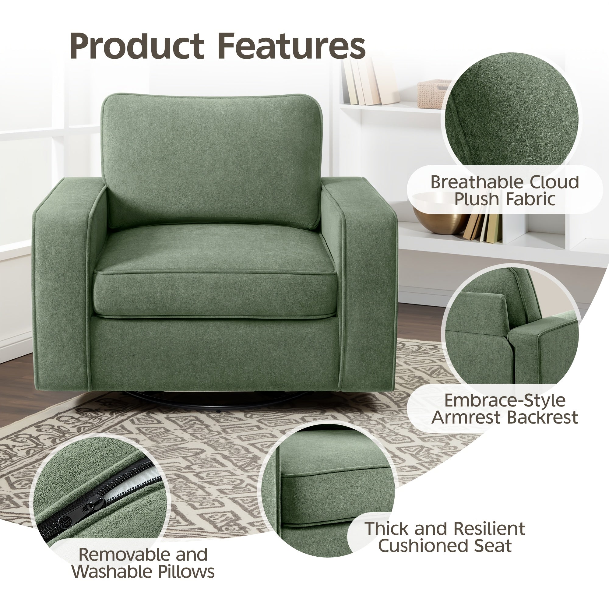 KERDOM Modern Foam Swivel Barrel Sofa Chair - 360° Rotating Single Armchair with Removable Washable Pillows, Plush Corner Base Suitable for Office,,, Reading Nook, Assembly One-Seater Lounge Chair