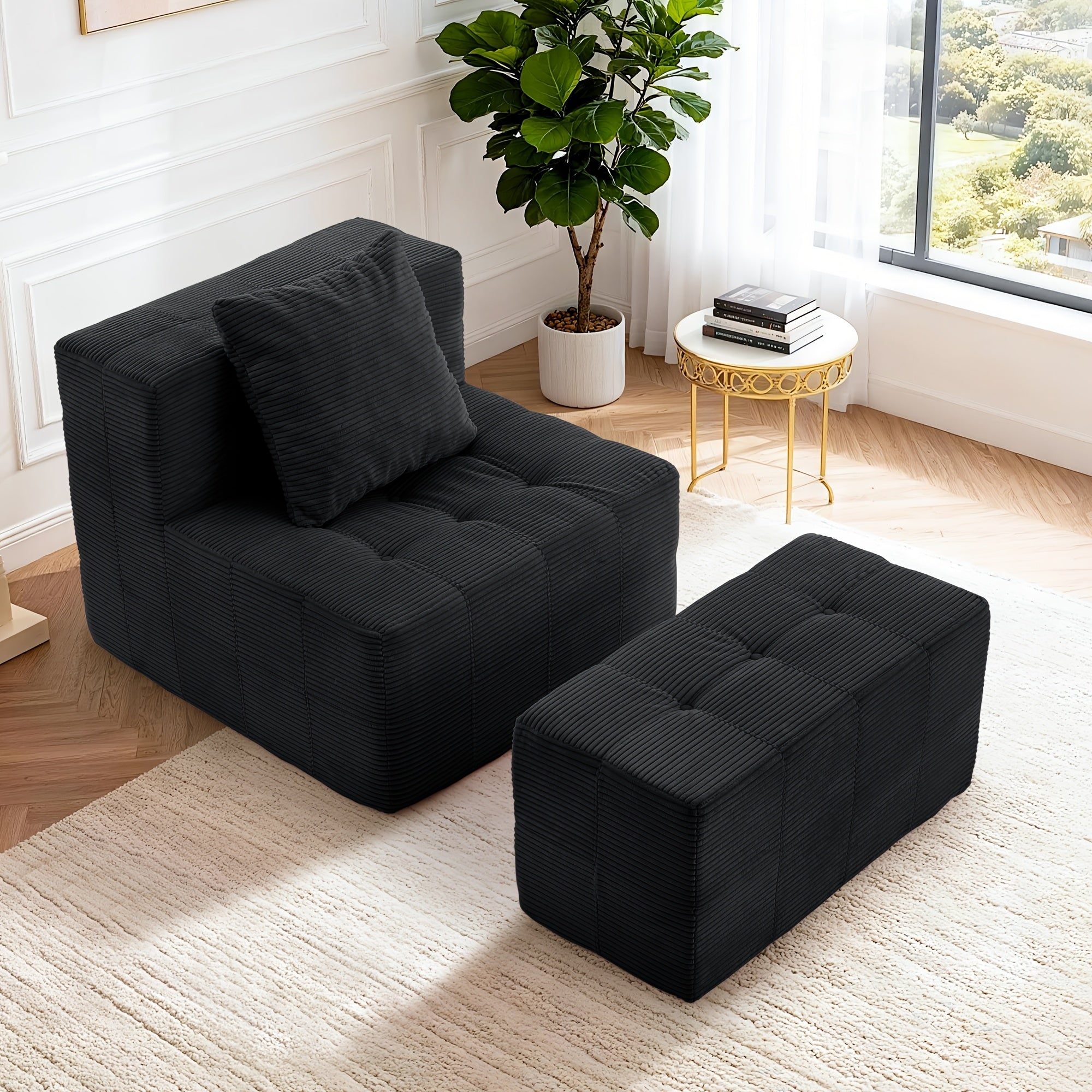 Modern Single Sofa With Footstool | 16-Inch Thick Corduroy Cushion, Armless Platform, Minimalist Beanbag Chair, Floor-Standing, Suitable For Small Spaces, Christmas Gift - Green, Non-Adjustable, Sponge Fill