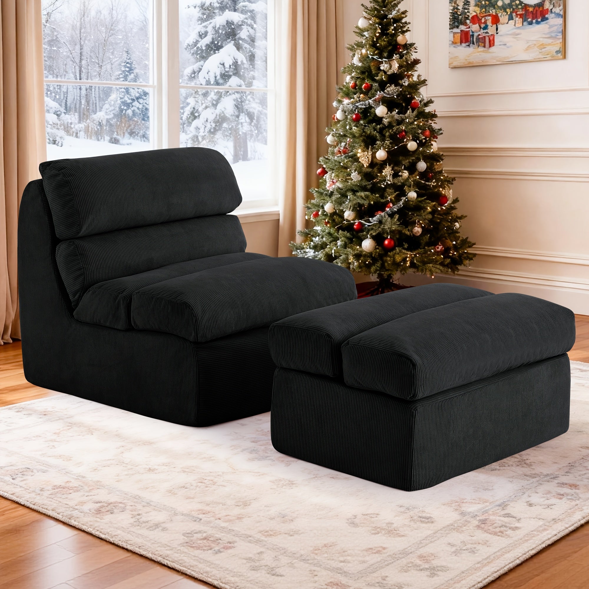 Single-seater Lazy Sofa with Footstool | Fluffy and Comfortable, Modern Corduroy Fabric, High-back, Bone-free, Solid Backrest, Floor Sofa, No Assembly Required, Pink, LNSENFIN