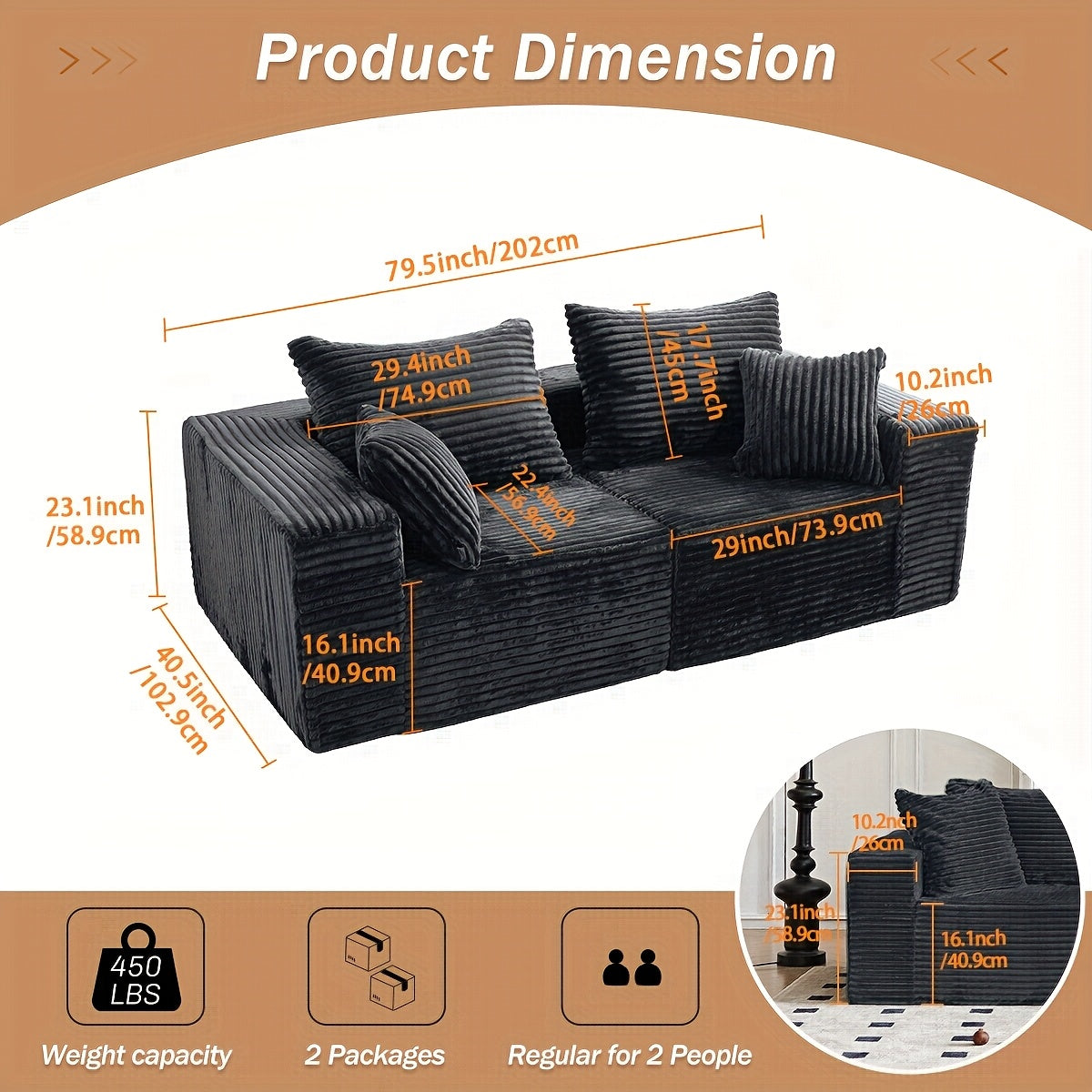 Sofa Cloud Couch 2pcs Set: Ultra Soft Stretchy Ribbed Loveseat That Separates Into Two Individual Chairs for Flexible Living Room, Bedroom, Or Apartment Seating