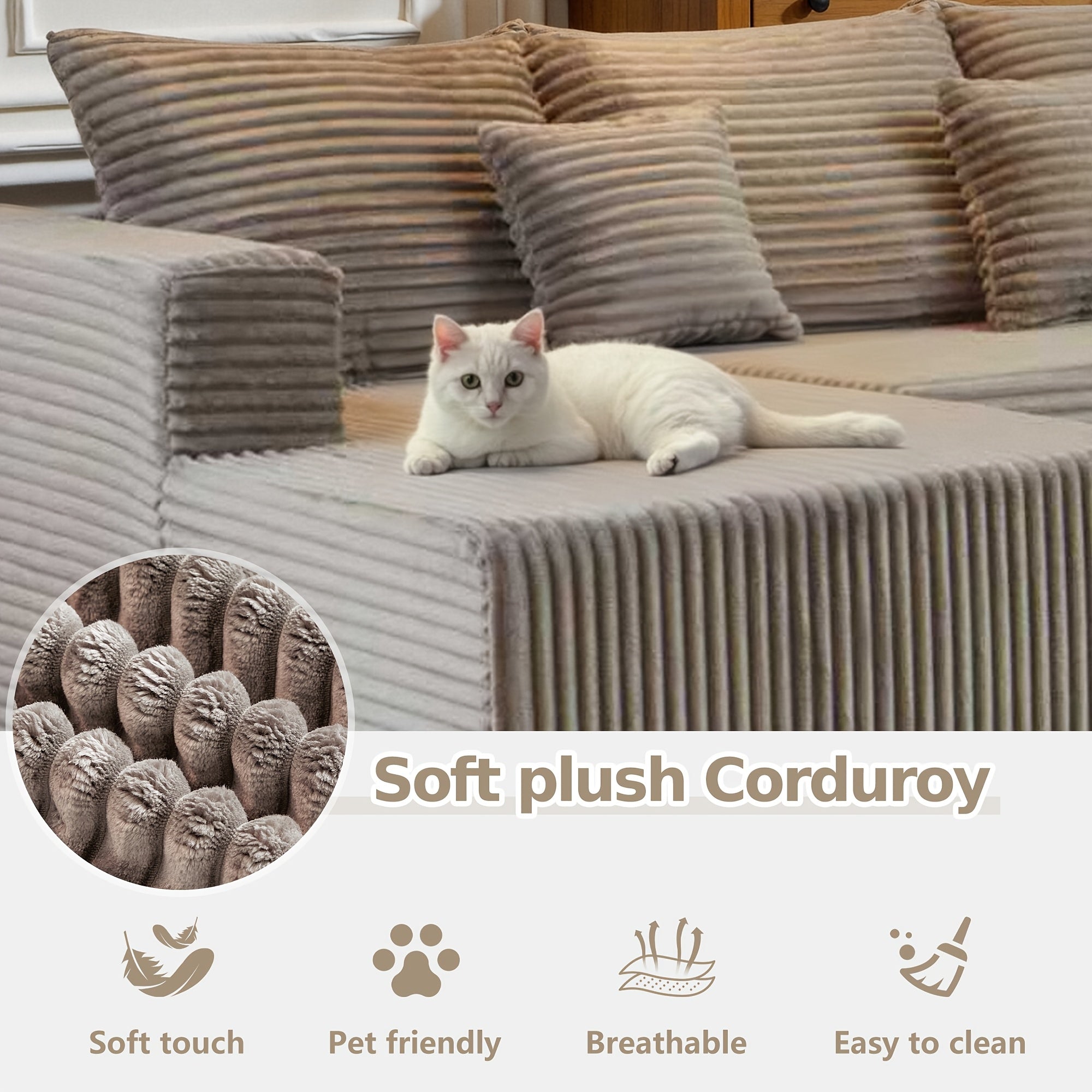 Large Sectional Cloud Couch. Modular Corduroy Sofa Bed With Deep Seat.U-Shaped Boneless Sofa Couches For LivingRoom & Apartment, Bedroom. No Assembly Required