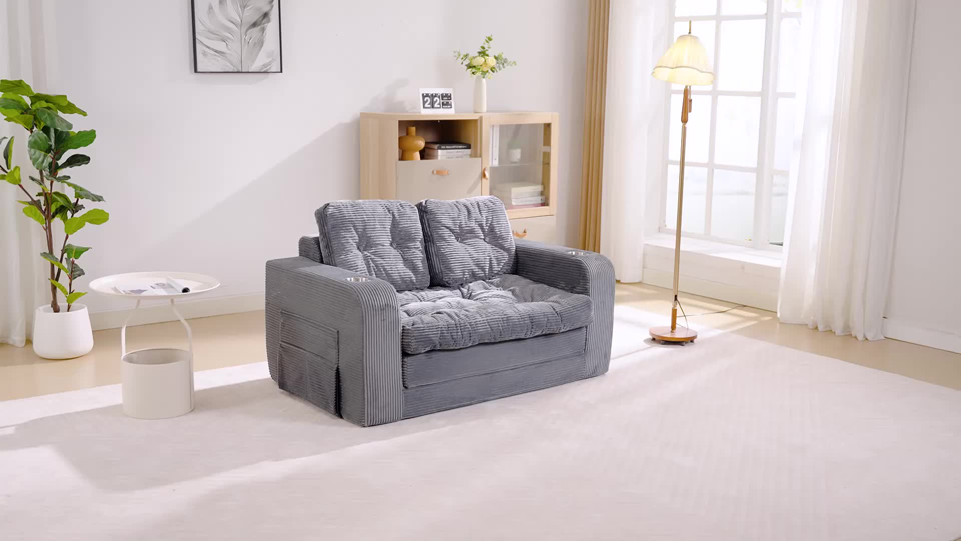 KERDOM 2 in 1 Corduroy Convertible Sofa Bed | Compact Pull Out Couch with Cup Holder & Side Pocket, Small Folding Futon Loveseat Sofa Sleeper Temporary Bed for Guest Room, Small Space, Apartment, Studio, Office, Loft, No Assembly Needed