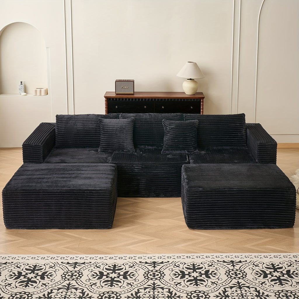 Modular U-Shaped Sofa Modular U-Shaped 110.24-inch Combination Sofa | Striped Fabric Four-Seater with Lounge Chair, Soft Cushion for Living Room & Bedroom - Corduroy, Free-Combination (Black\u002FGray)