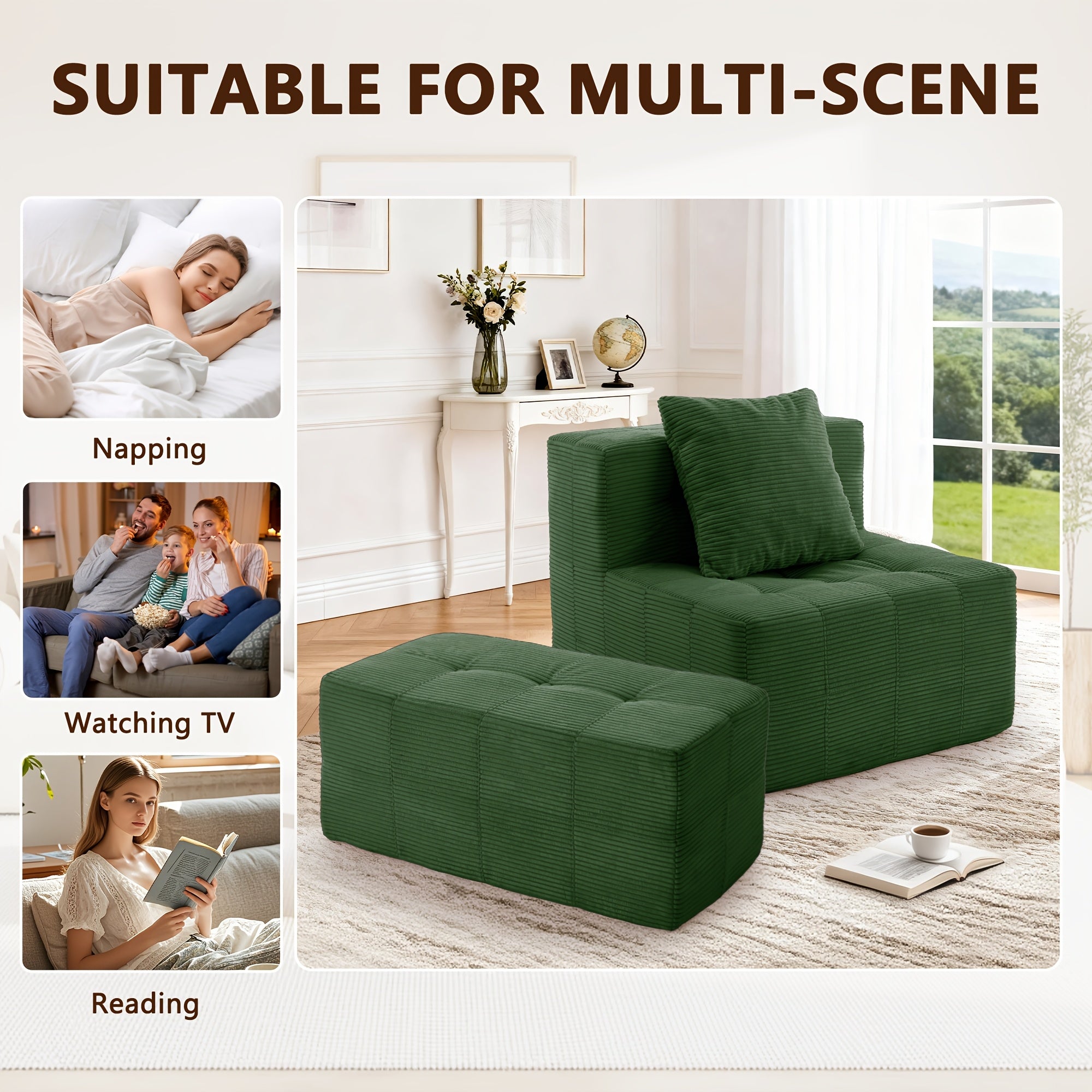 Modern Single Sofa With Footstool | 16-Inch Thick Corduroy Cushion, Armless Platform, Minimalist Beanbag Chair, Floor-Standing, Suitable For Small Spaces, Christmas Gift - Green, Non-Adjustable, Sponge Fill