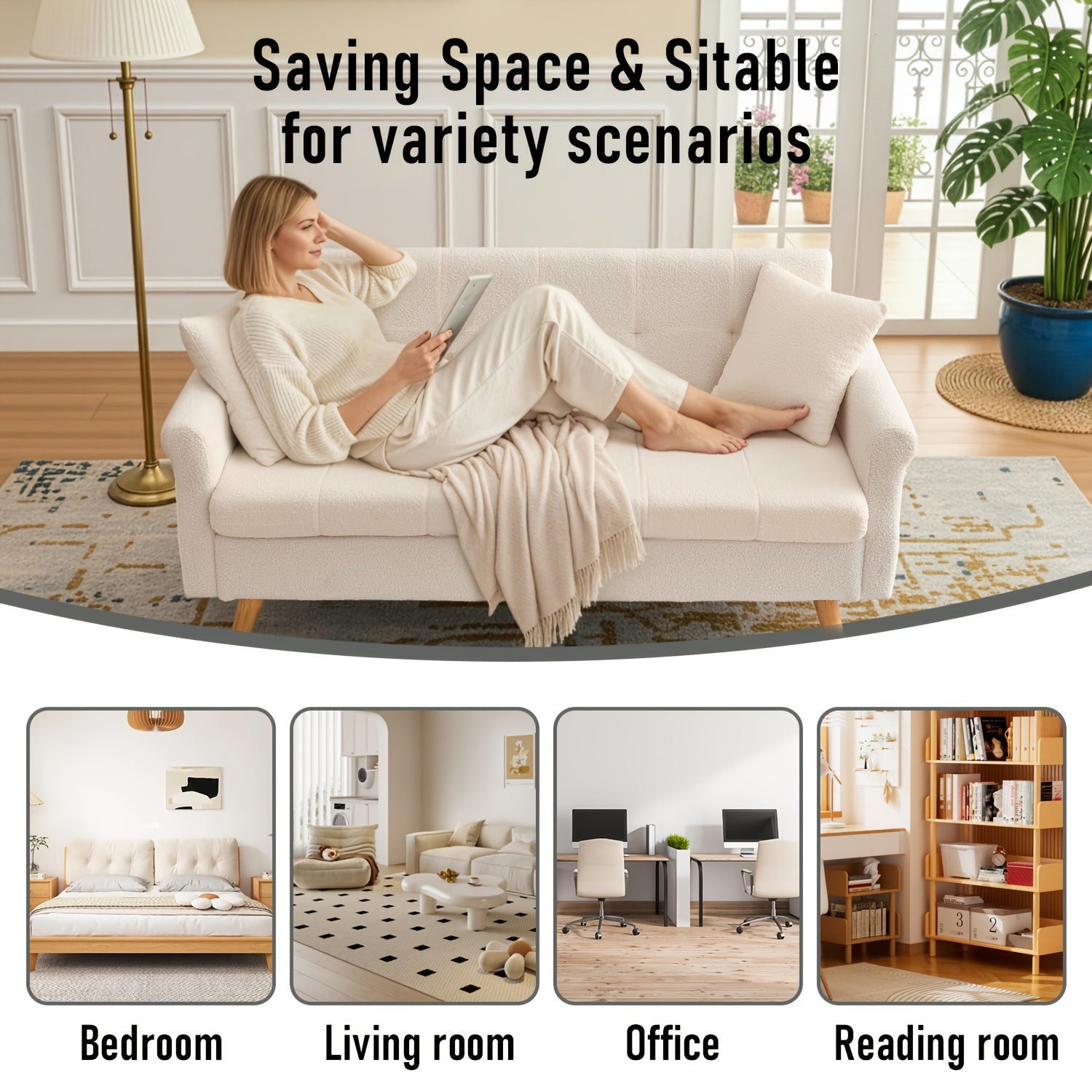 Loveseat Sofa, Boucle Small Sofa For Living Room, Bedroom, Office, Couch For Living Room Button Tufted Upholstered Furniture, Space-Saving, Easy To Install, Chunky Boucle Fabric
