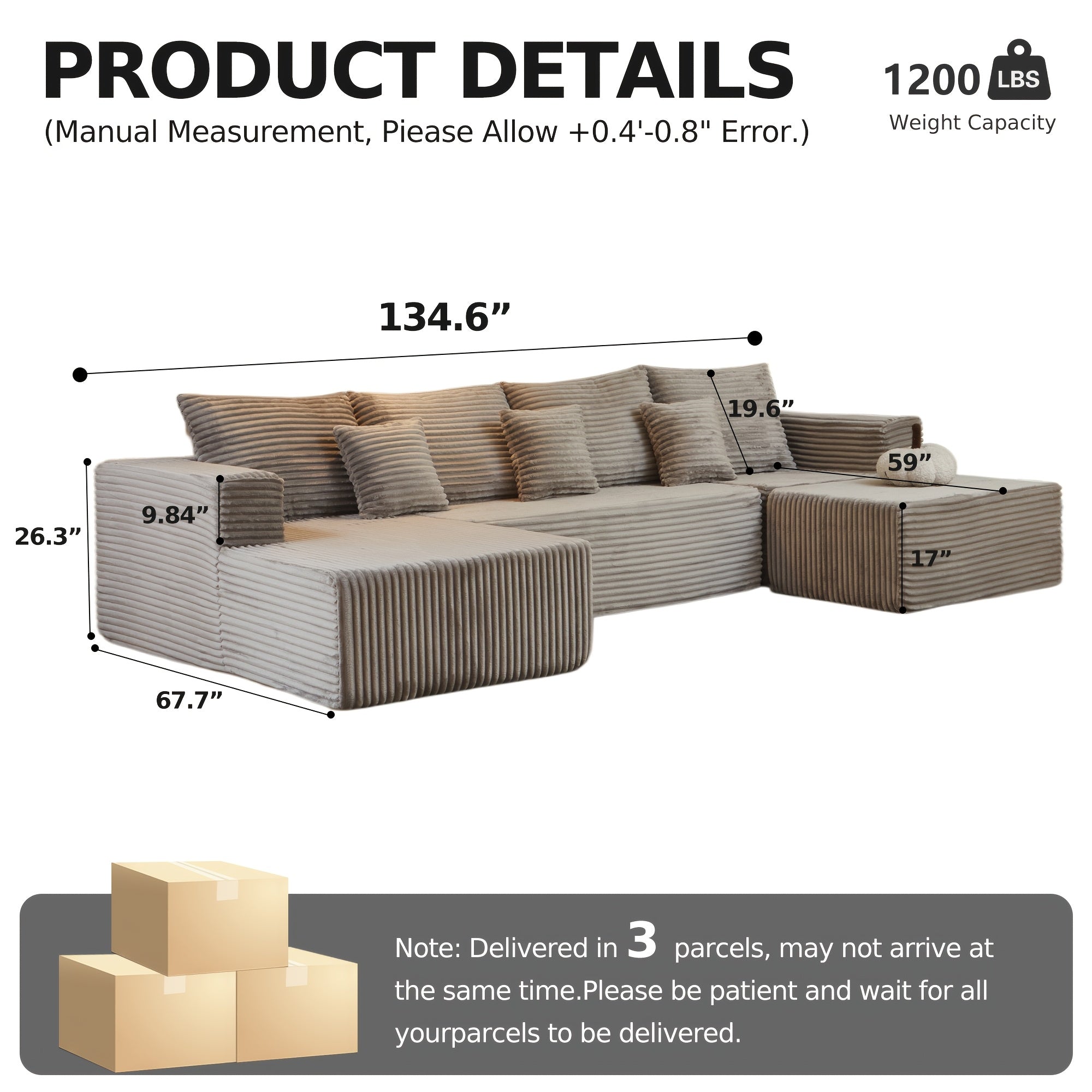 Large Sectional Cloud Couch. Modular Corduroy Sofa Bed With Deep Seat.U-Shaped Boneless Sofa Couches For LivingRoom & Apartment, Bedroom. No Assembly Required