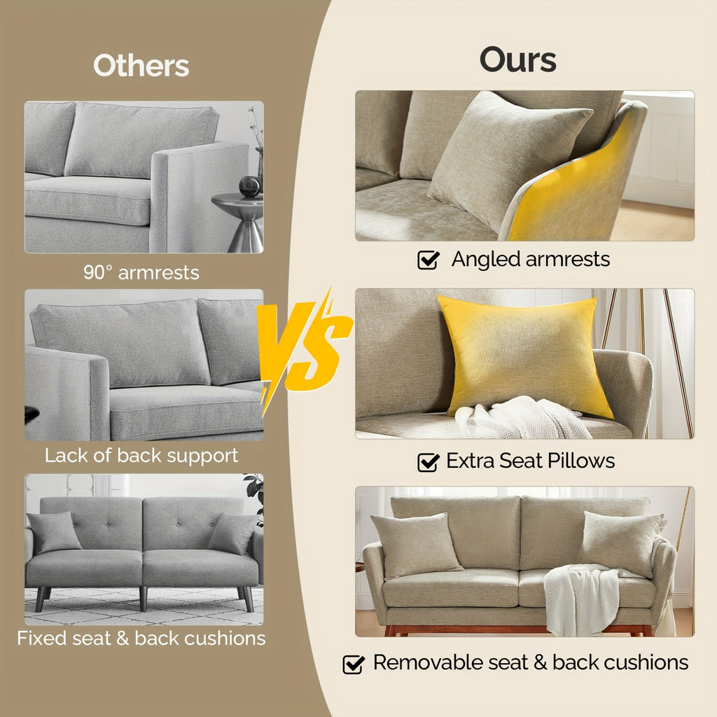 Bonnlo 2-Seater Love Seat Sofa with Solid Wood Frame & Linen Upholstery - Mid-Century Modern Minimalist Design, 2 Cushioned Seats & 2 Pillows