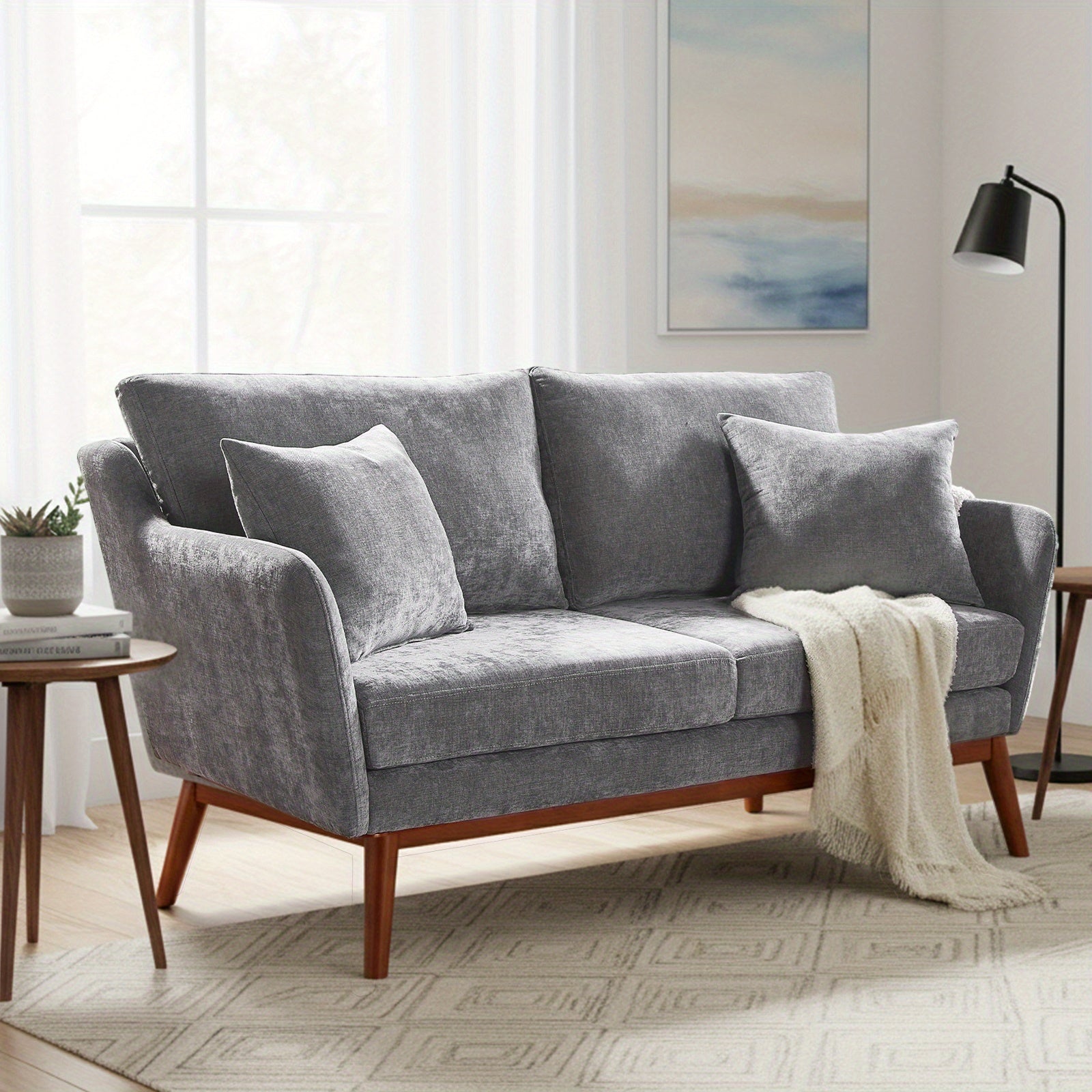 Bonnlo 2-Seater Love Seat Sofa with Solid Wood Frame & Linen Upholstery - Mid-Century Modern Minimalist Design, 2 Cushioned Seats & 2 Pillows