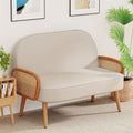 Modern White Faux Leather Loveseat with Natural Rattan Arms – 45\