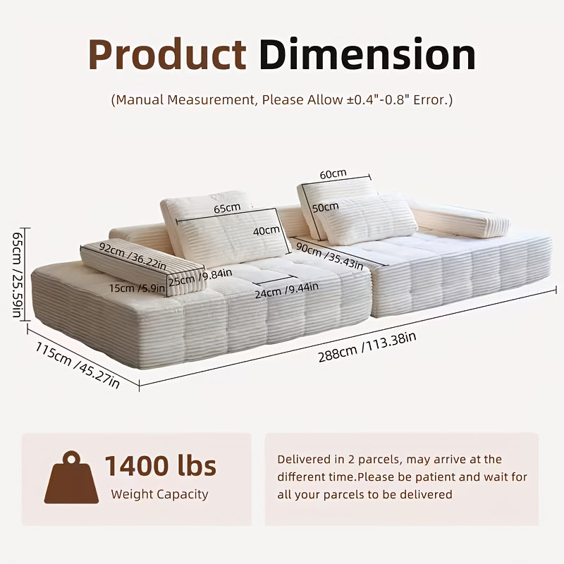 109.3 Inch Modular Floor Sofa with Plush Corduroy, 4 Seater Foam Compression Sofa, Modern Living Room Floor Sofa, No Assembly Required, Comfortable Sofa Set with Fluffy Memory Foam, Black\u002FGray