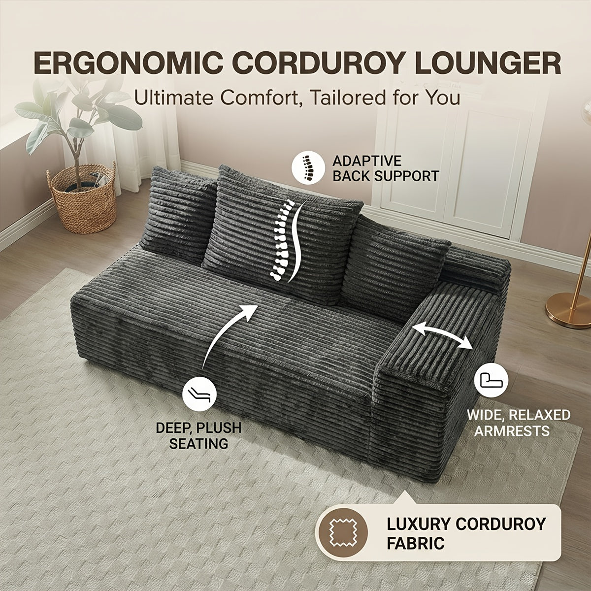 Corduroy 2-Seater Sofa with Pillows | No Assembly Required, Free Placement, Boneless High-Density Sponge Filling, Universal for Living Room, Bedroom & Guest Room, KELYDA Brand