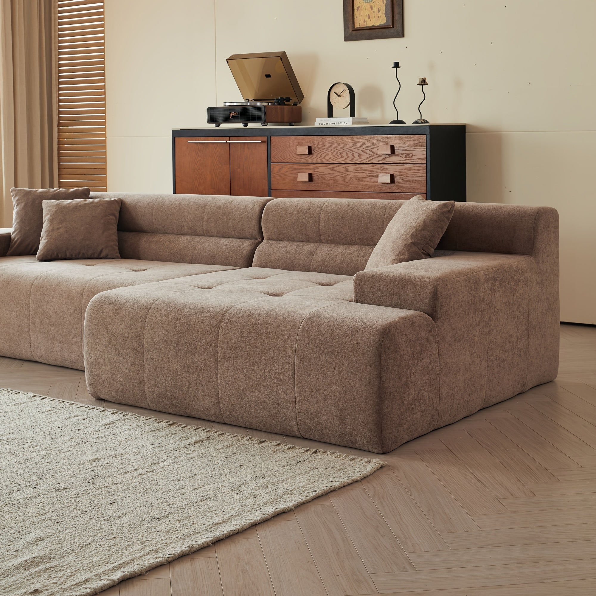 120-Inch Sectional Sofas Designed for Modern Living Rooms, Featuring an L-Shaped Design, Upholstered Without Boning, Deep Seating, Made of Chenille Fabric, And Includes a Chaise with No Assembly Needed