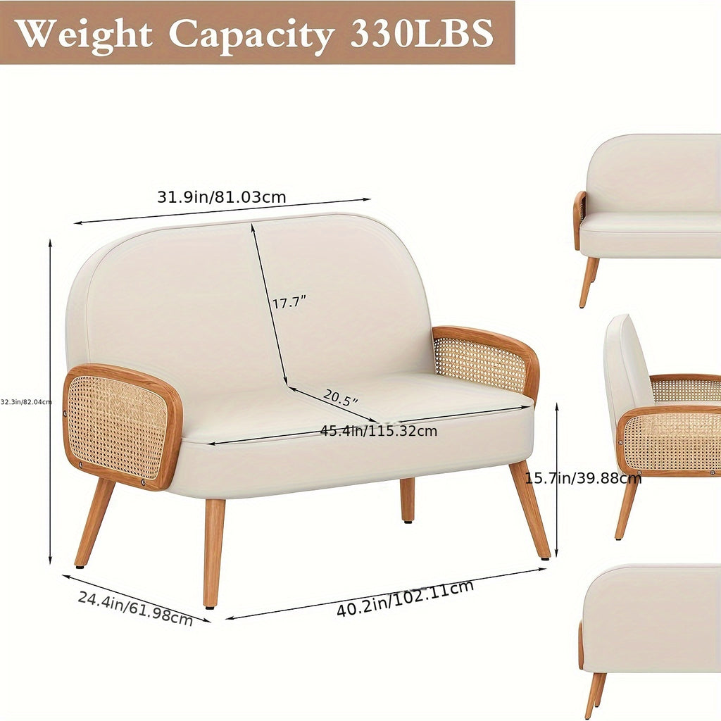 Modern White Faux Leather Loveseat with Natural Rattan Arms – 45\