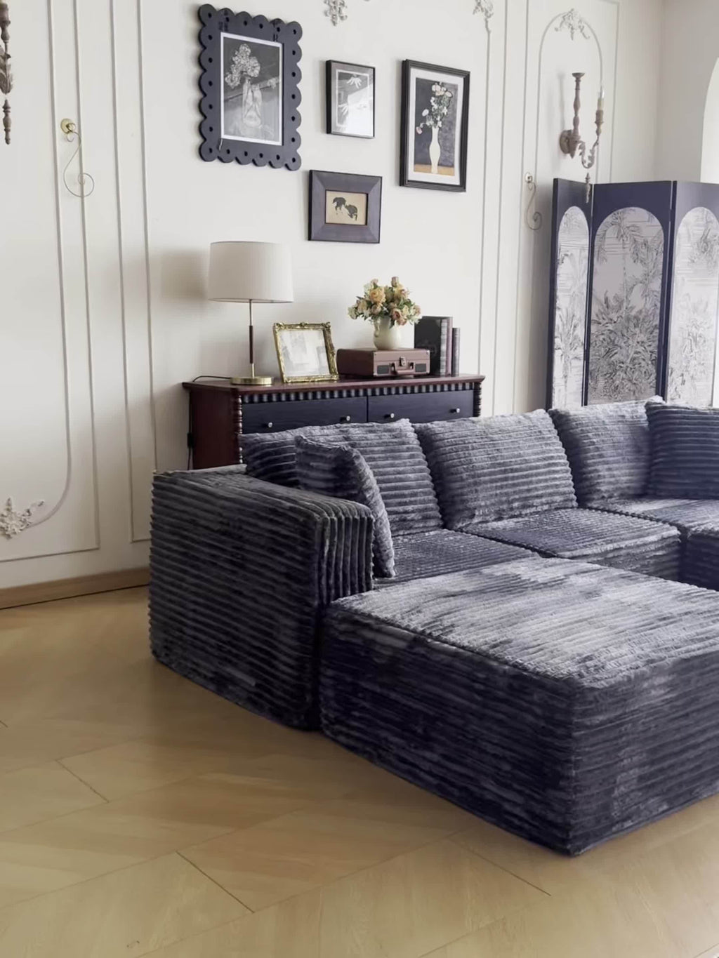 Modular U-Shaped Sofa Modular U-Shaped 110.24-inch Combination Sofa | Striped Fabric Four-Seater with Lounge Chair, Soft Cushion for Living Room & Bedroom - Corduroy, Free-Combination (Black\u002FGray)