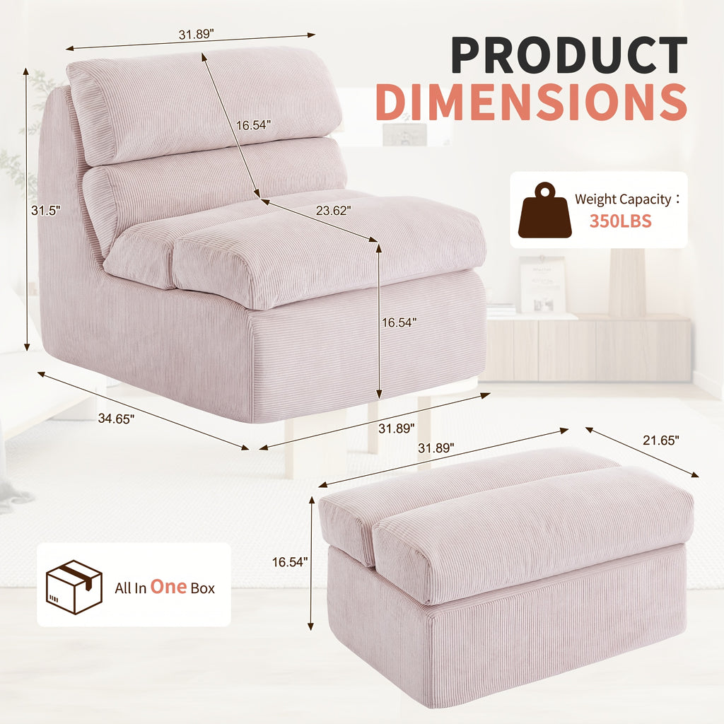 Single-seater Lazy Sofa with Footstool | Fluffy and Comfortable, Modern Corduroy Fabric, High-back, Bone-free, Solid Backrest, Floor Sofa, No Assembly Required, Pink, LNSENFIN