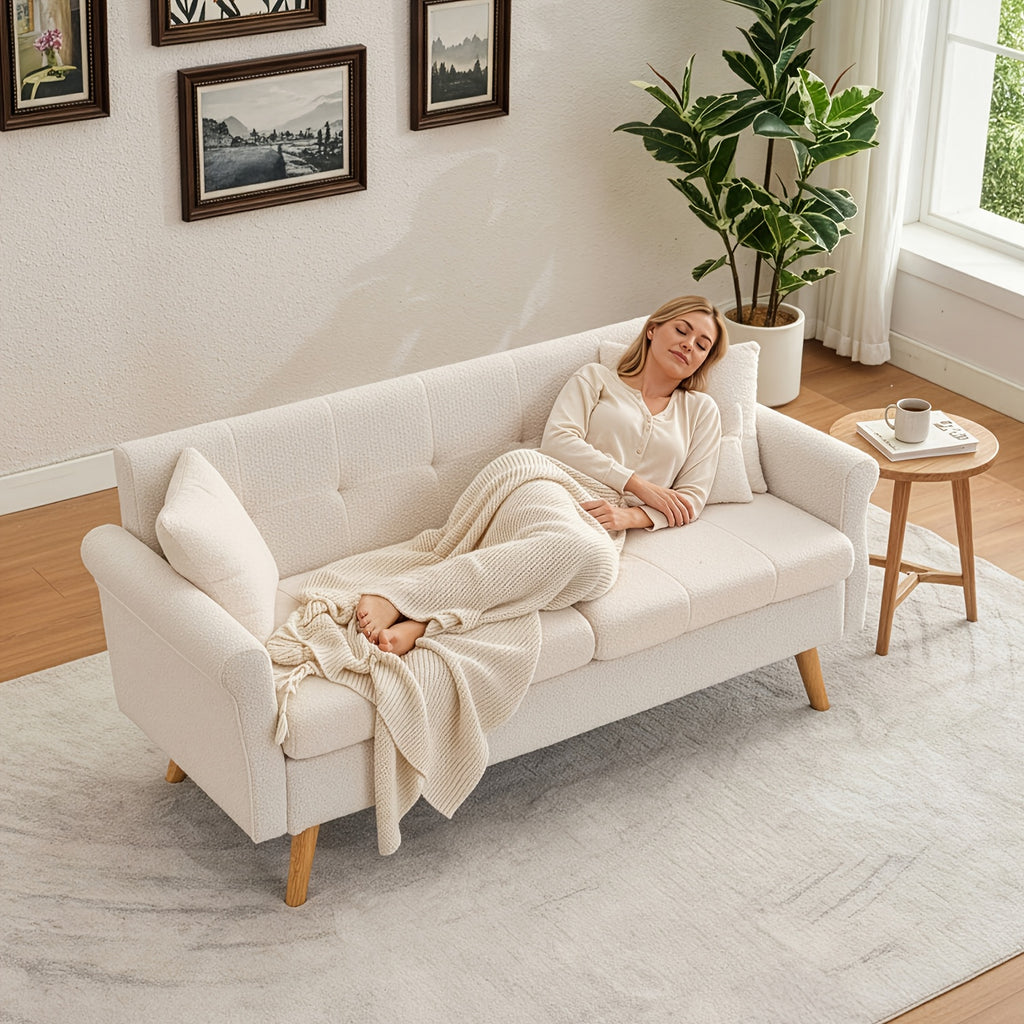 Loveseat Sofa, Boucle Small Sofa For Living Room, Bedroom, Office, Couch For Living Room Button Tufted Upholstered Furniture, Space-Saving, Easy To Install, Chunky Boucle Fabric
