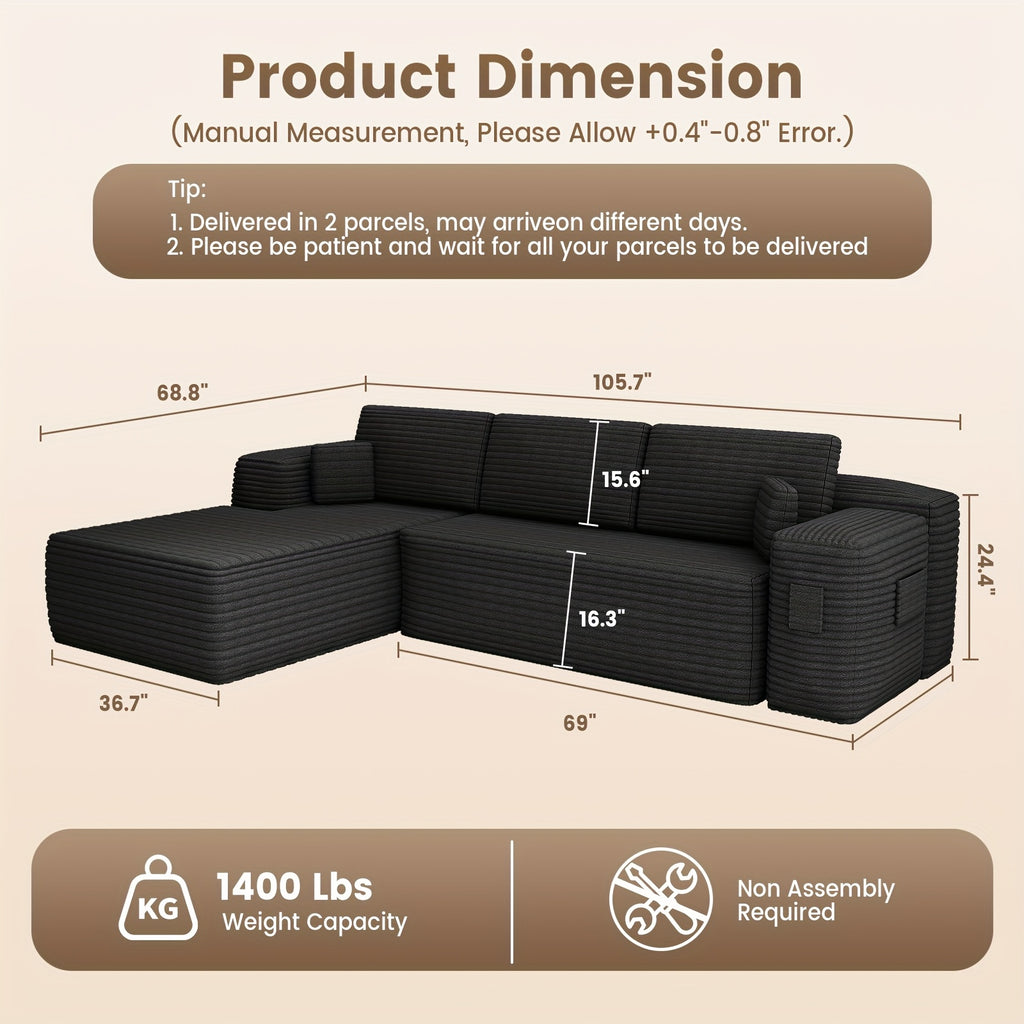 Modular Sectional Sofa With L-Shape Chaise, Frameless Cloud Couch With Deep Seat, Upholstered Couch With Memory Foam, Corduroy Fabric, Left Sectional Couches For Living Room & Home Office, 105\
