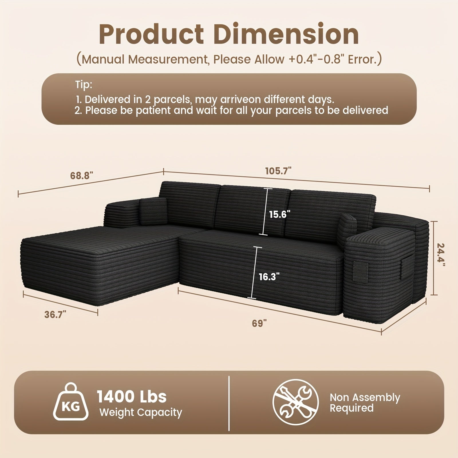 Modular Sectional Sofa With L-Shape Chaise, Frameless Cloud Couch With Deep Seat, Upholstered Couch With Memory Foam, Corduroy Fabric, Left Sectional Couches For Living Room & Home Office, 105\
