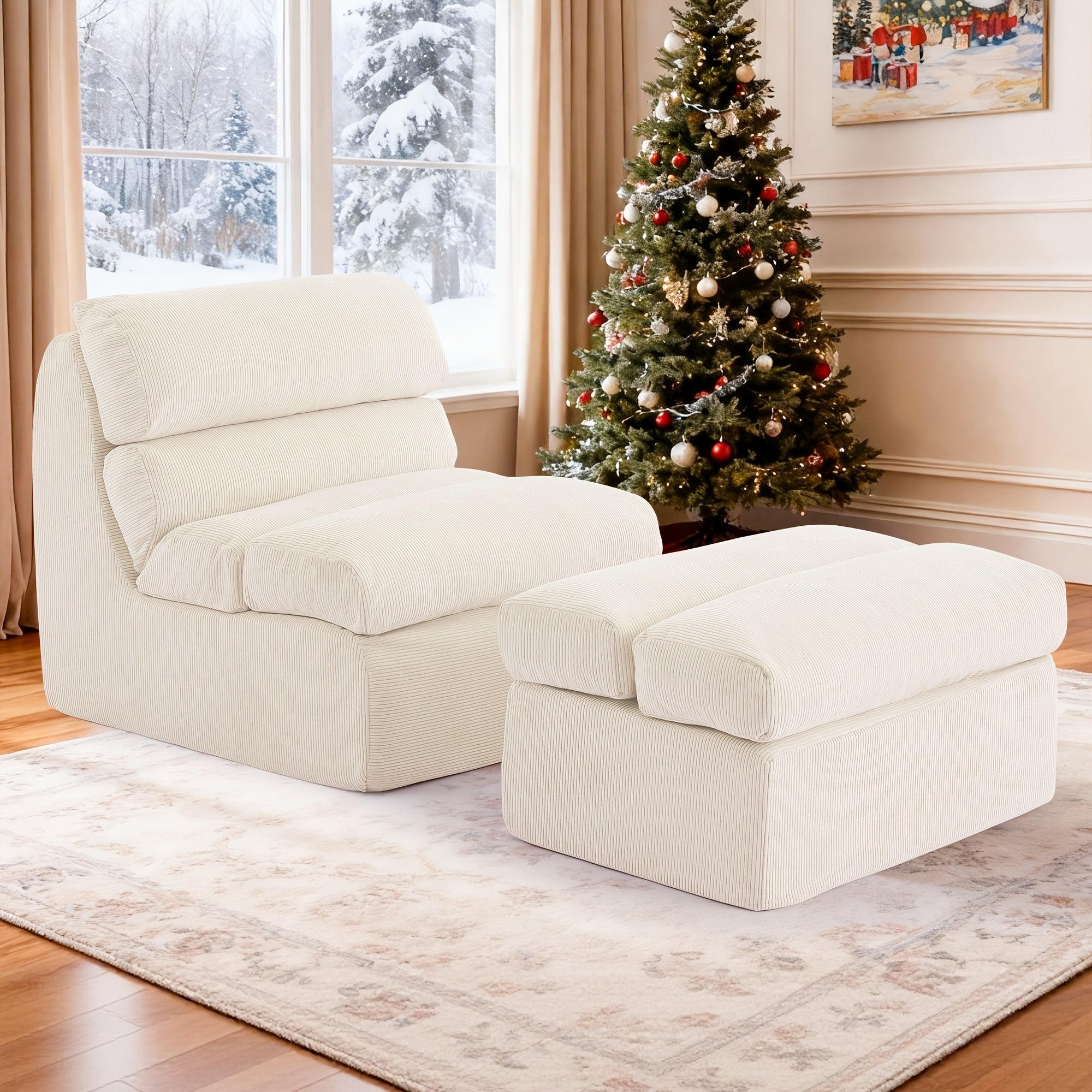 Single-seater Lazy Sofa with Footstool | Fluffy and Comfortable, Modern Corduroy Fabric, High-back, Bone-free, Solid Backrest, Floor Sofa, No Assembly Required, Pink, LNSENFIN