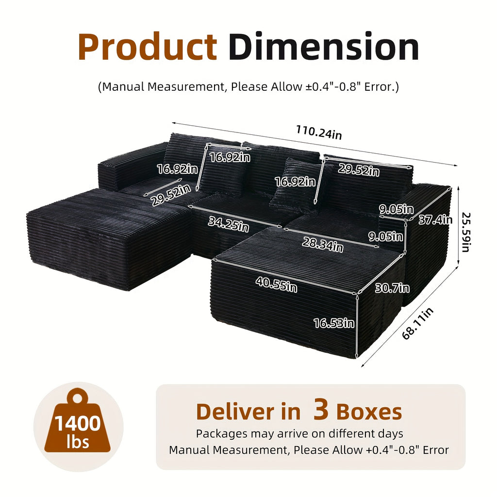 Modular U-Shaped Sofa Modular U-Shaped 110.24-inch Combination Sofa | Striped Fabric Four-Seater with Lounge Chair, Soft Cushion for Living Room & Bedroom - Corduroy, Free-Combination (Black\u002FGray)