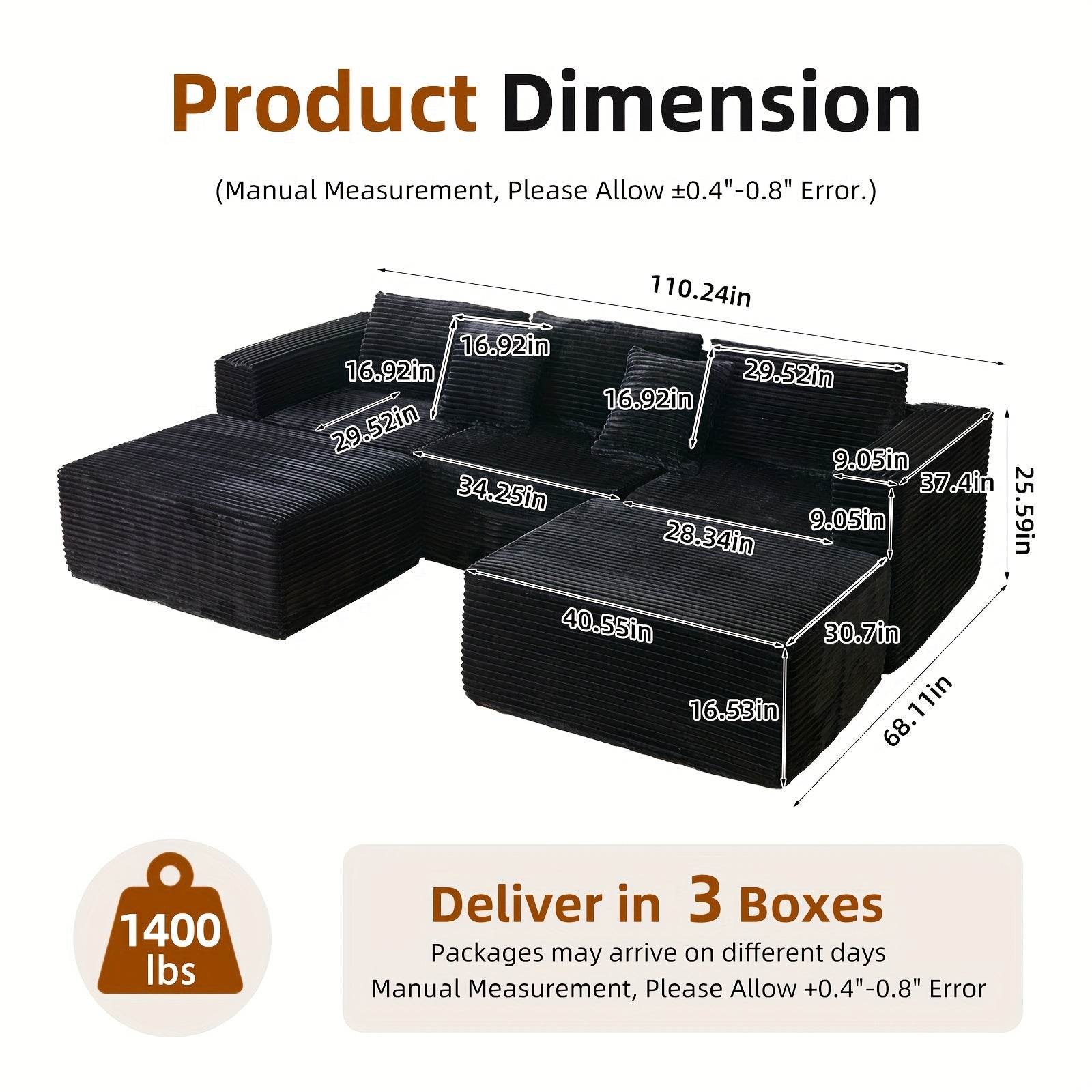 Modular U-Shaped Sofa Modular U-Shaped 110.24-inch Combination Sofa | Striped Fabric Four-Seater with Lounge Chair, Soft Cushion for Living Room & Bedroom - Corduroy, Free-Combination (Black\u002FGray)