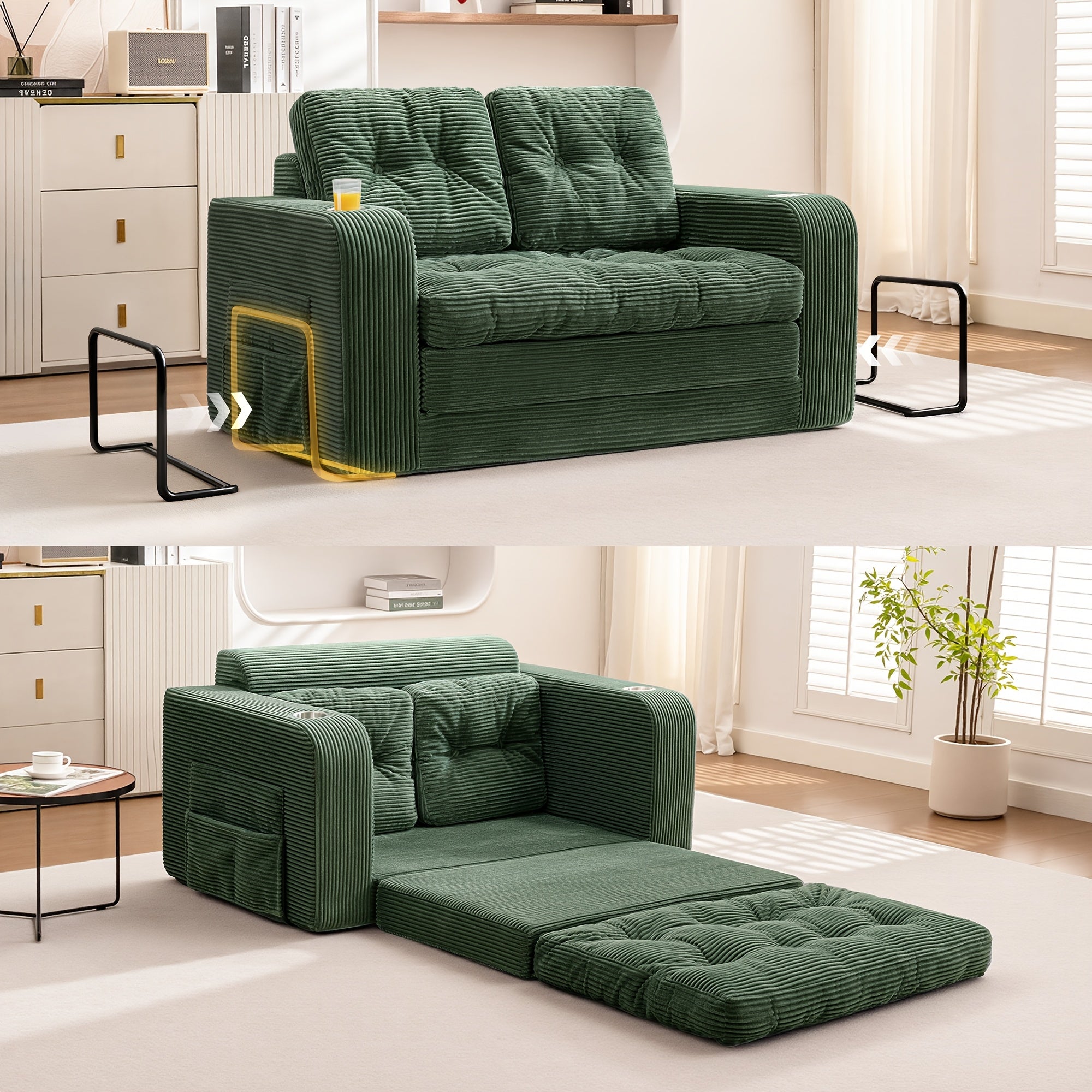 KERDOM 2 in 1 Corduroy Convertible Sofa Bed | Compact Pull Out Couch with Cup Holder & Side Pocket, Small Folding Futon Loveseat Sofa Sleeper Temporary Bed for Guest Room, Small Space, Apartment, Studio, Office, Loft, No Assembly Needed