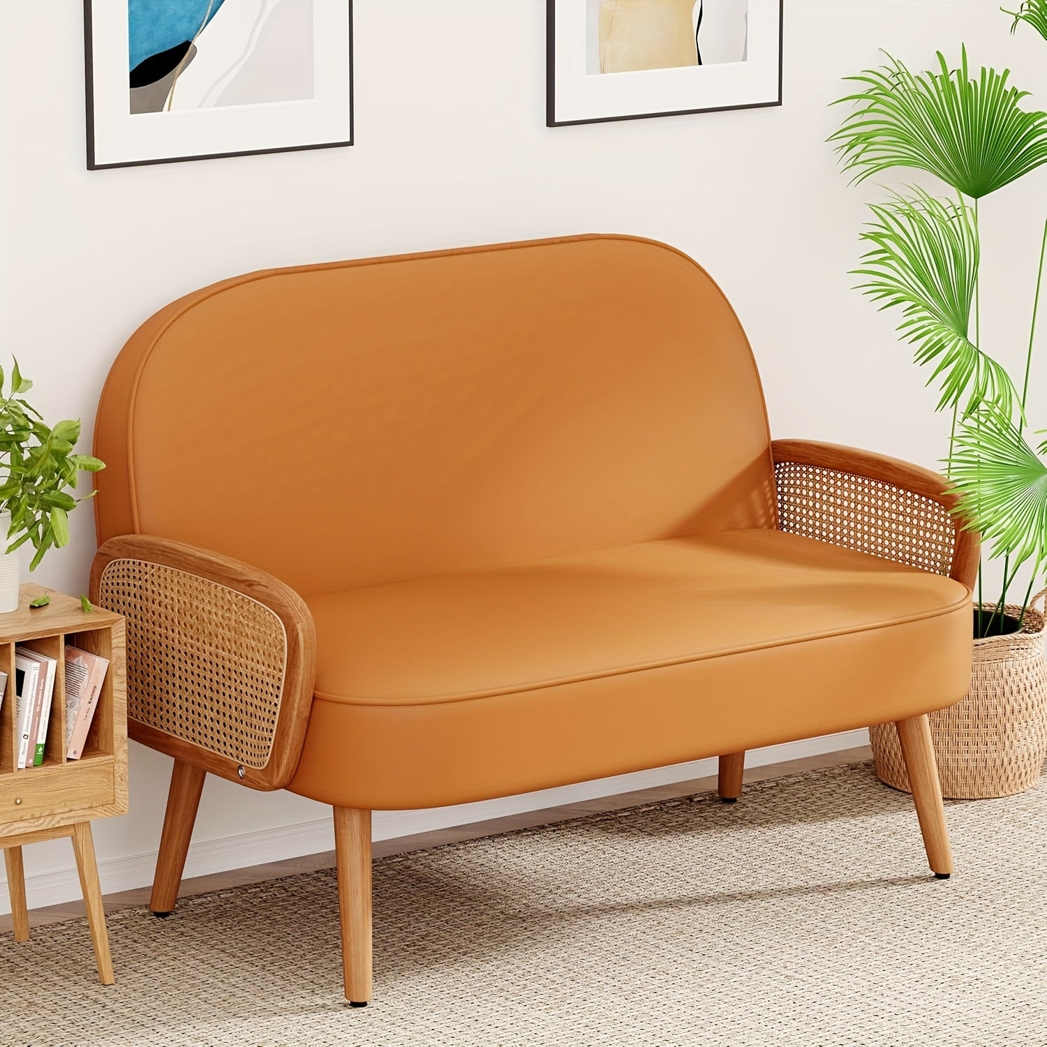 Modern White Faux Leather Loveseat with Natural Rattan Arms – 45\