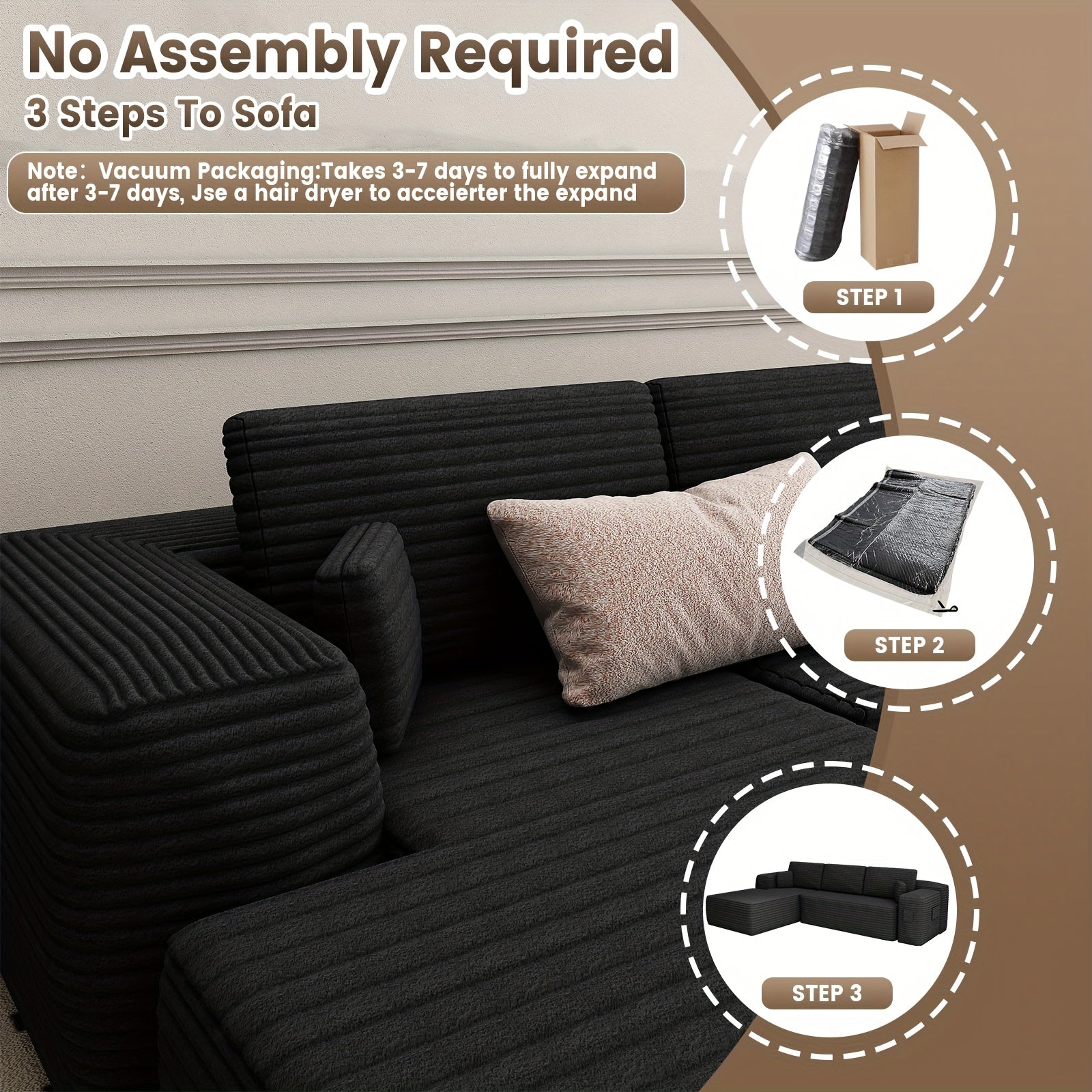 Modular Sectional Sofa With L-Shape Chaise, Frameless Cloud Couch With Deep Seat, Upholstered Couch With Memory Foam, Corduroy Fabric, Left Sectional Couches For Living Room & Home Office, 105\