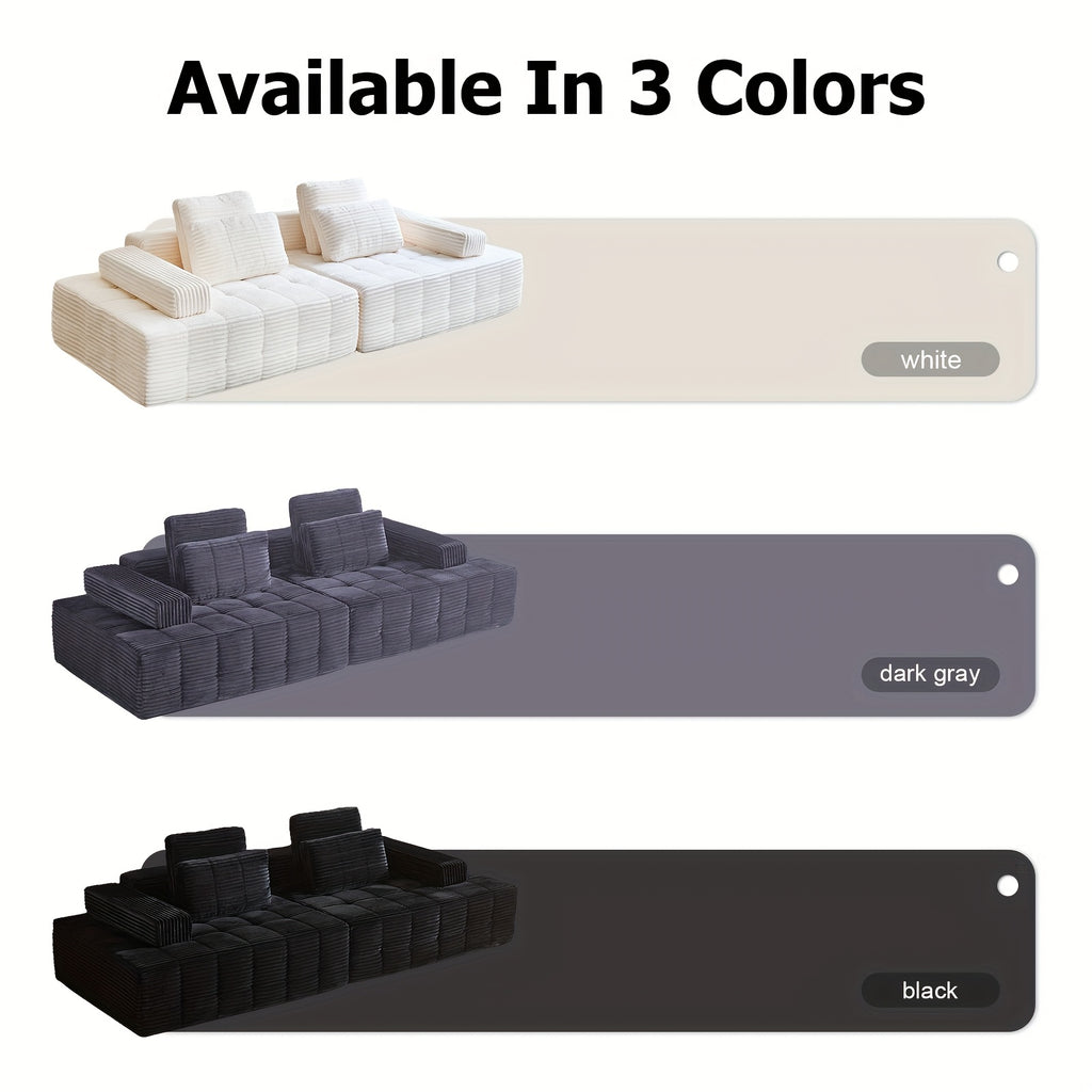 109.3 Inch Modular Floor Sofa with Plush Corduroy, 4 Seater Foam Compression Sofa, Modern Living Room Floor Sofa, No Assembly Required, Comfortable Sofa Set with Fluffy Memory Foam, Black\u002FGray