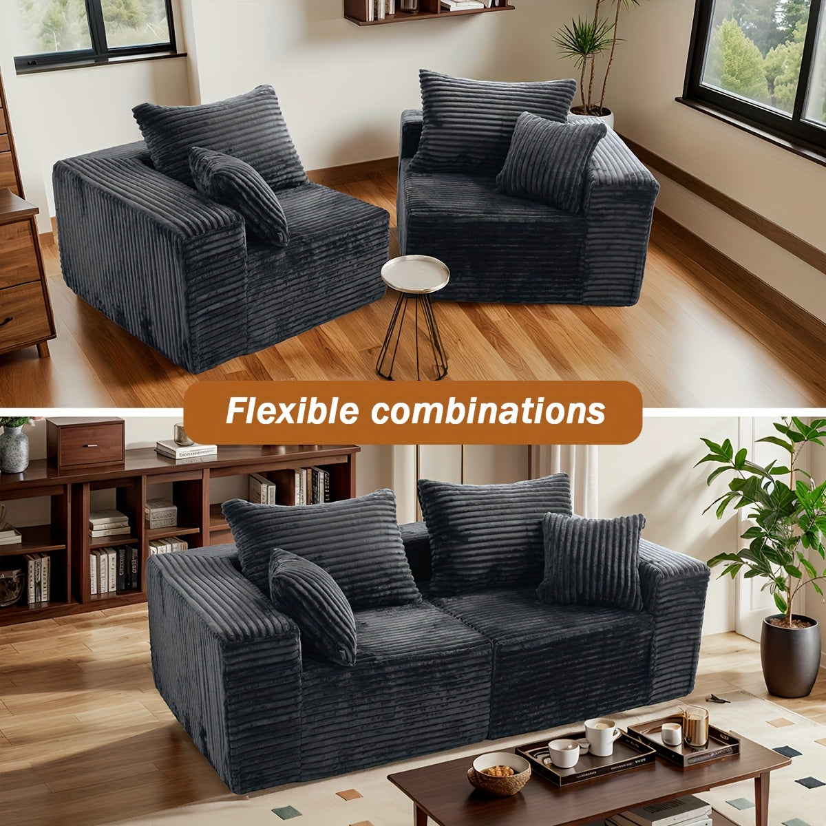 Sofa Cloud Couch 2pcs Set: Ultra Soft Stretchy Ribbed Loveseat That Separates Into Two Individual Chairs for Flexible Living Room, Bedroom, Or Apartment Seating