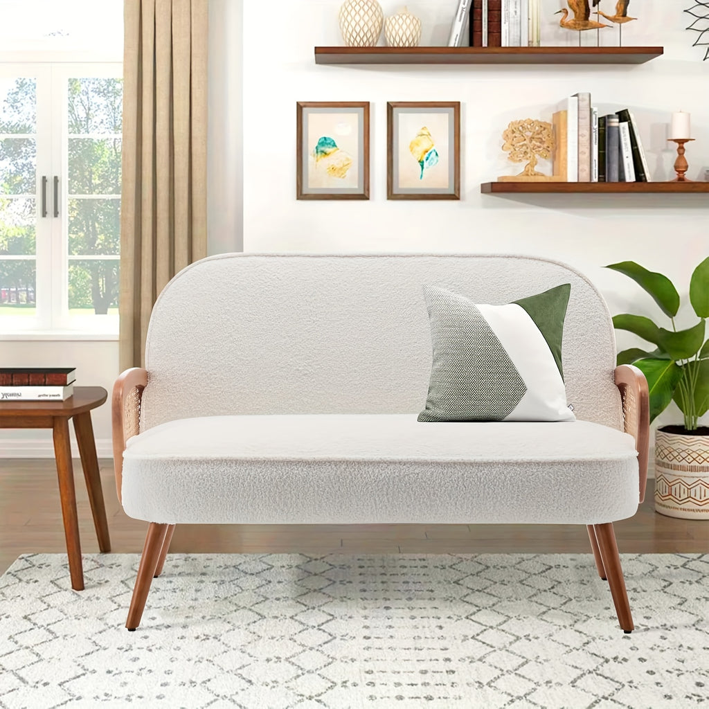 Modern White Faux Leather Loveseat with Natural Rattan Arms – 45\