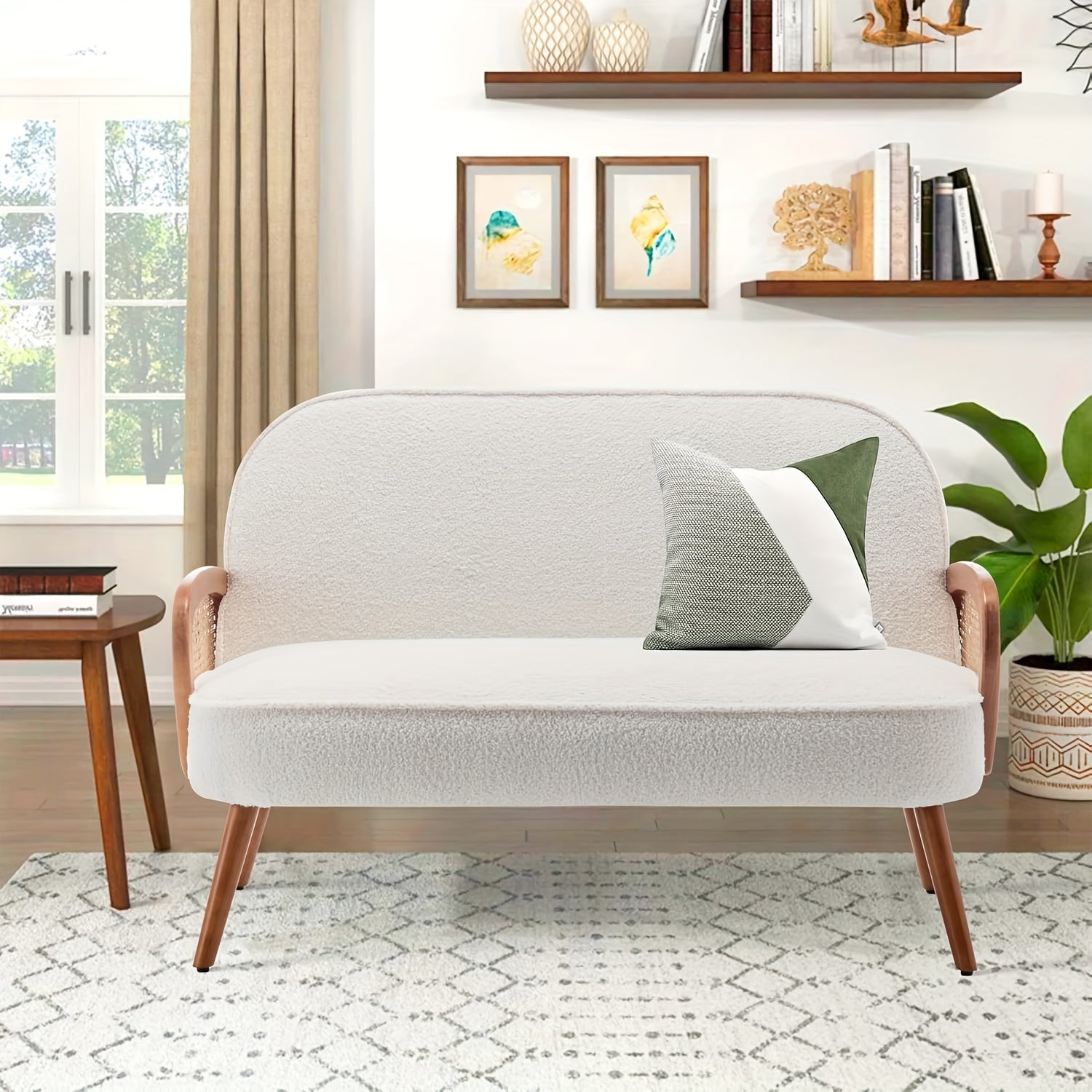 Modern White Faux Leather Loveseat with Natural Rattan Arms – 45\