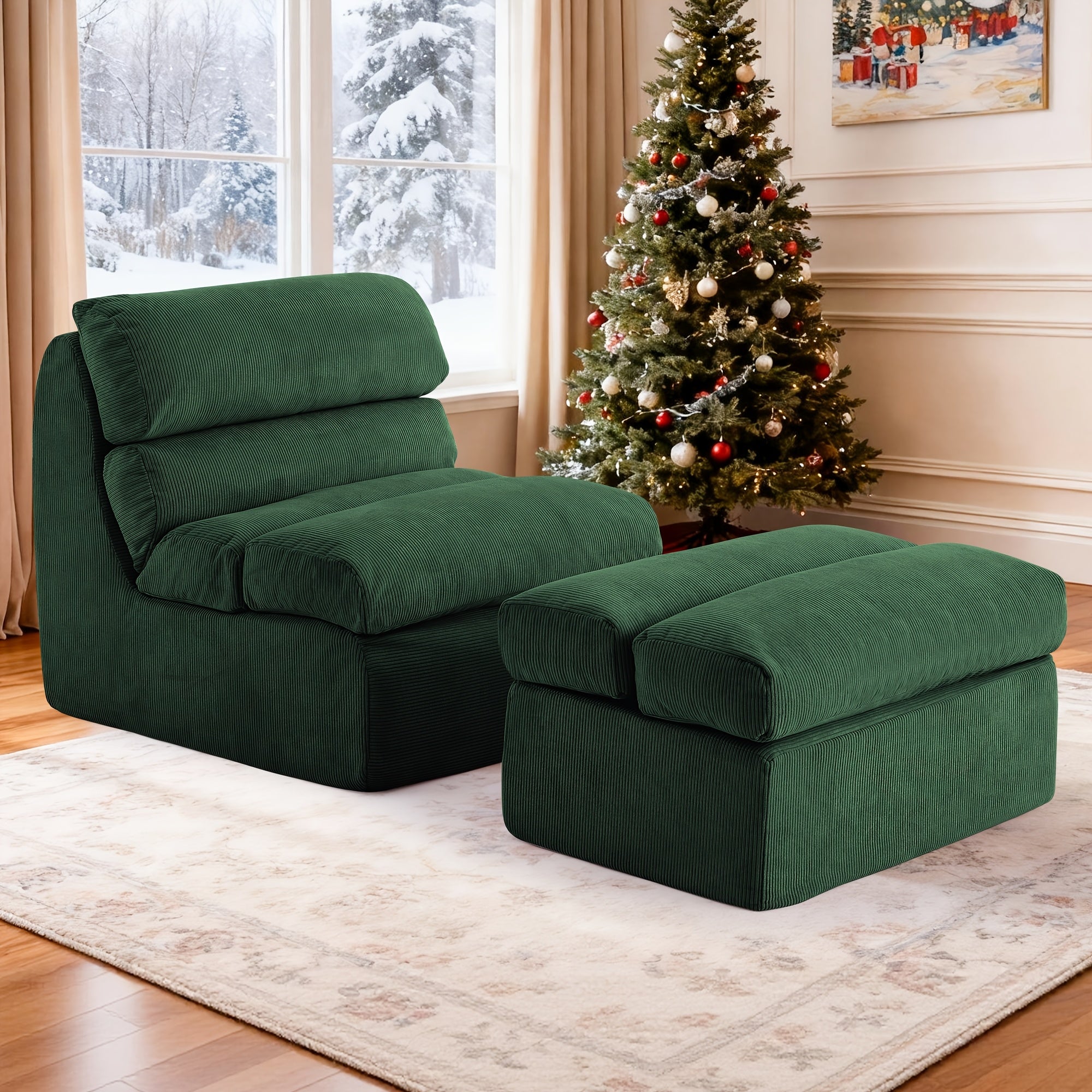 Single-seater Lazy Sofa with Footstool | Fluffy and Comfortable, Modern Corduroy Fabric, High-back, Bone-free, Solid Backrest, Floor Sofa, No Assembly Required, Pink, LNSENFIN