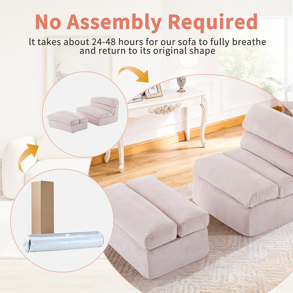 Single-seater Lazy Sofa with Footstool | Fluffy and Comfortable, Modern Corduroy Fabric, High-back, Bone-free, Solid Backrest, Floor Sofa, No Assembly Required, Pink, LNSENFIN