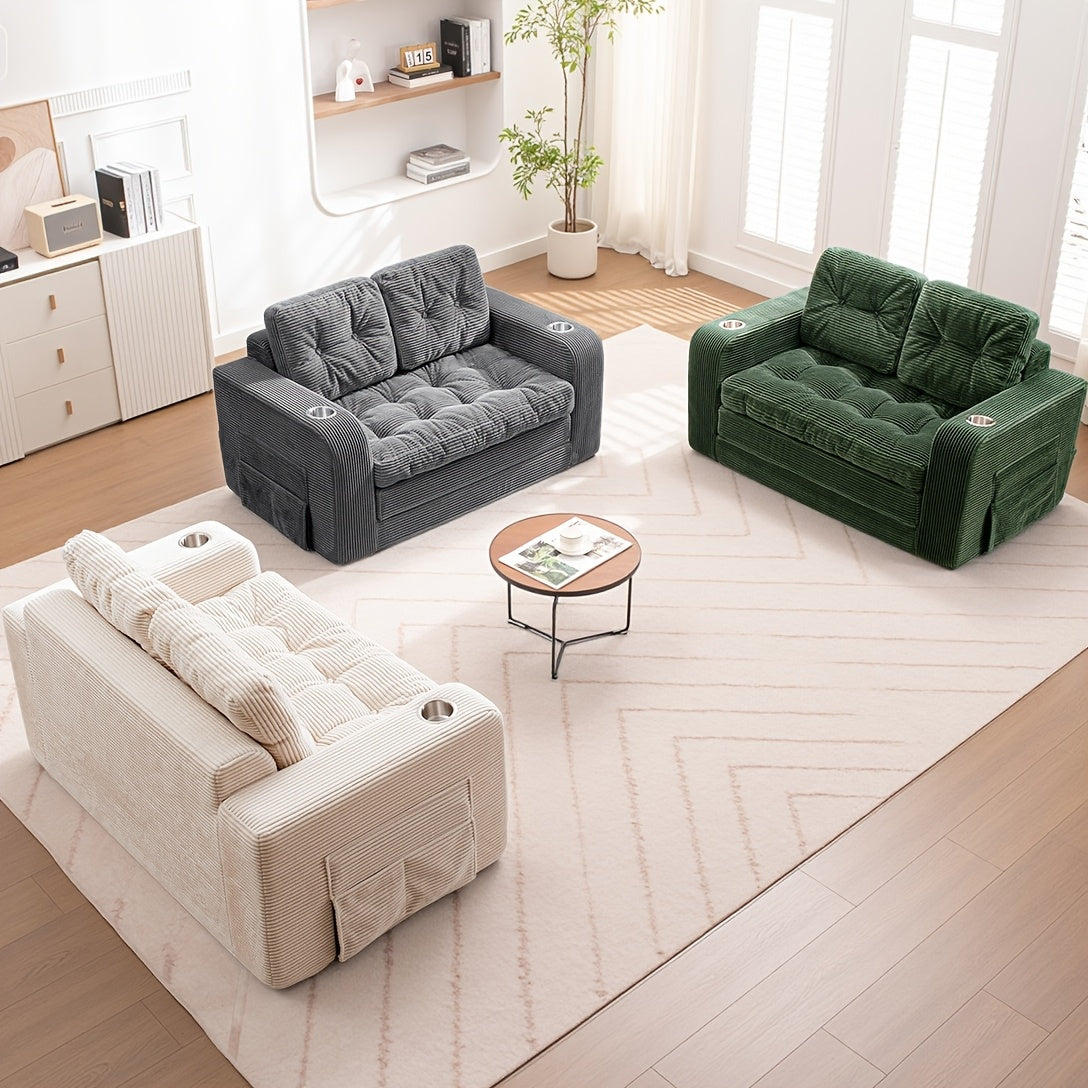 KERDOM 2 in 1 Corduroy Convertible Sofa Bed | Compact Pull Out Couch with Cup Holder & Side Pocket, Small Folding Futon Loveseat Sofa Sleeper Temporary Bed for Guest Room, Small Space, Apartment, Studio, Office, Loft, No Assembly Needed